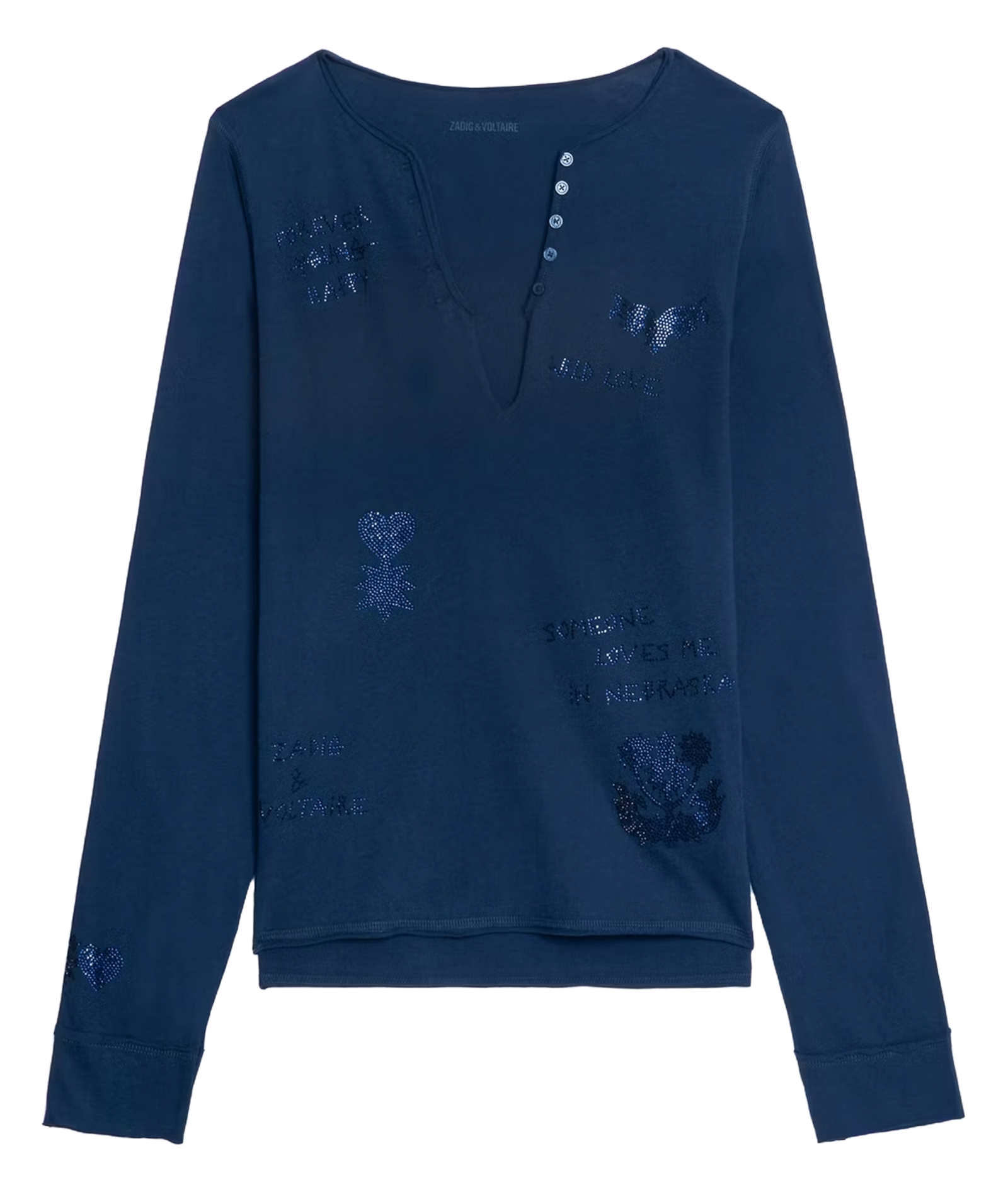 Tee-shirt droit manches longues à strass ZADIG&VOLTAIRE Bleu