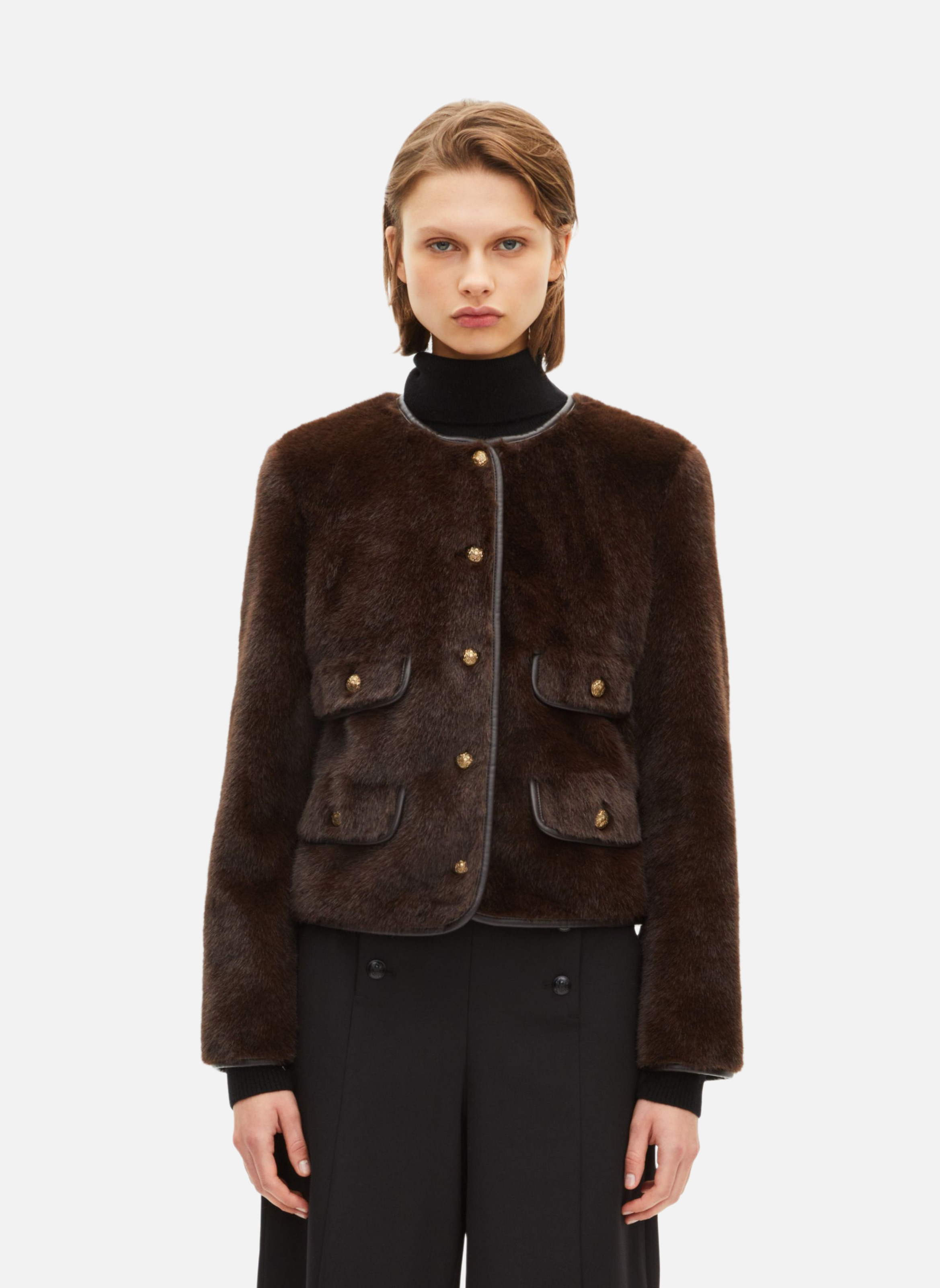 Faux fur jacket with leather details THE KOOPLES Brown