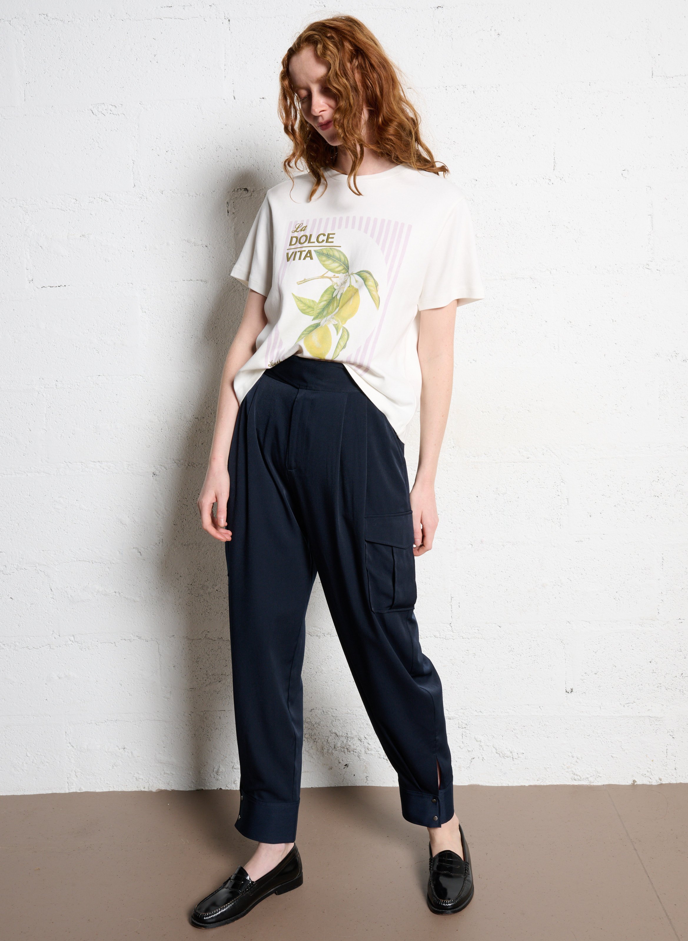 Tee-shirt droit col rond en coton sérigraphié IKKS Blanc