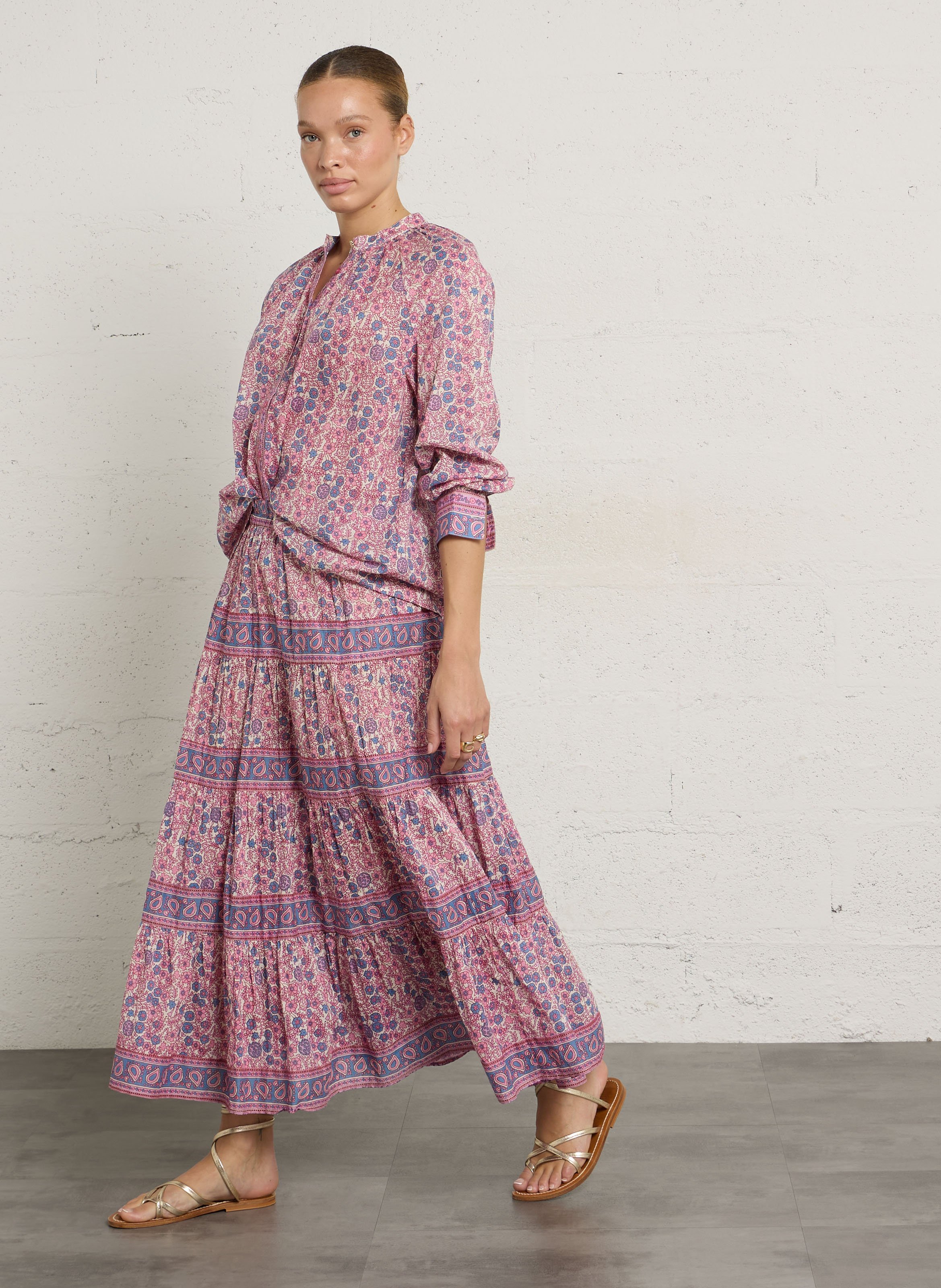 Chemise oversize col rond en coton imprimé PETITE MENDIGOTE Beige