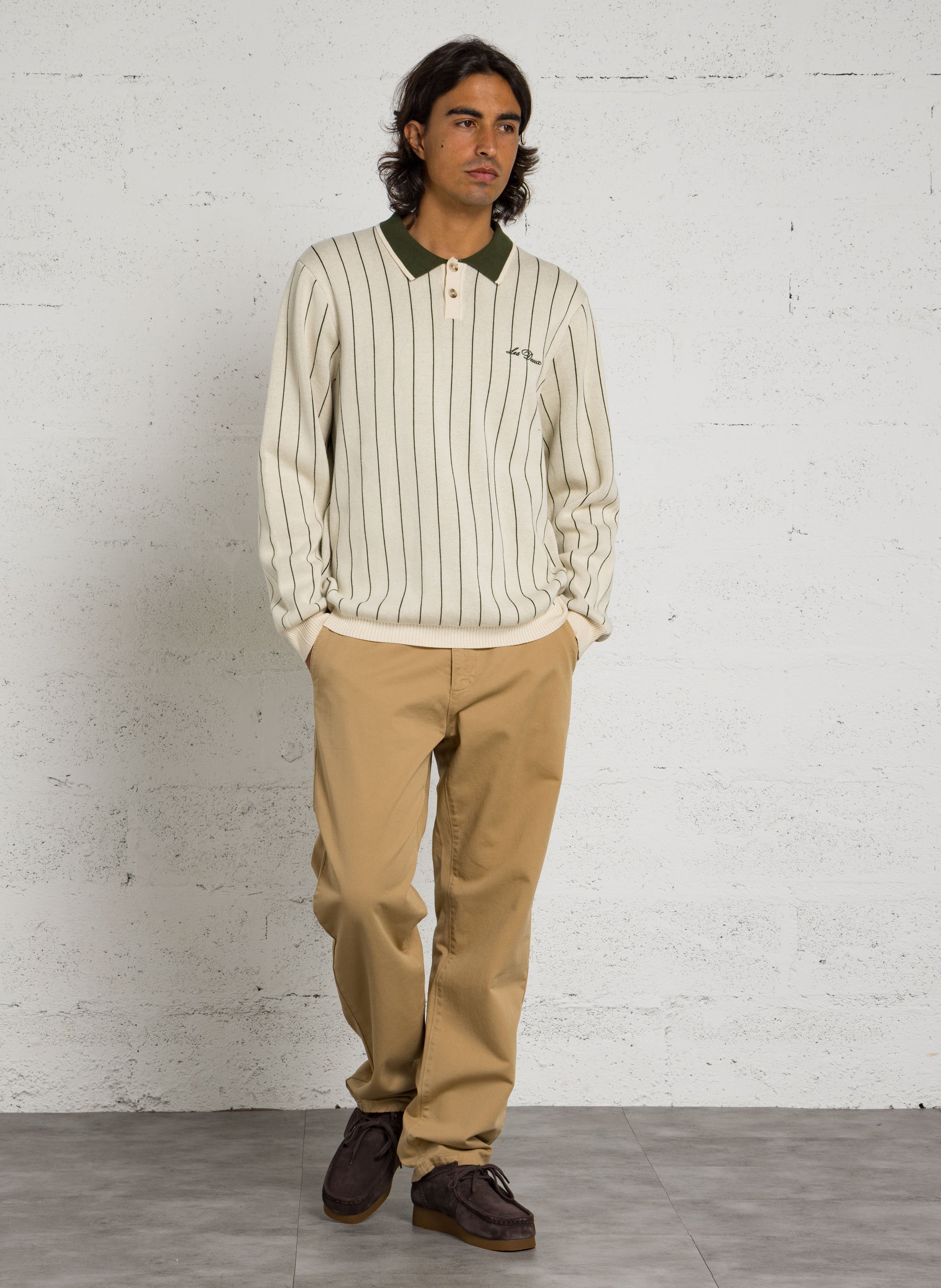 Pull col polo droit à rayures LES DEUX Beige