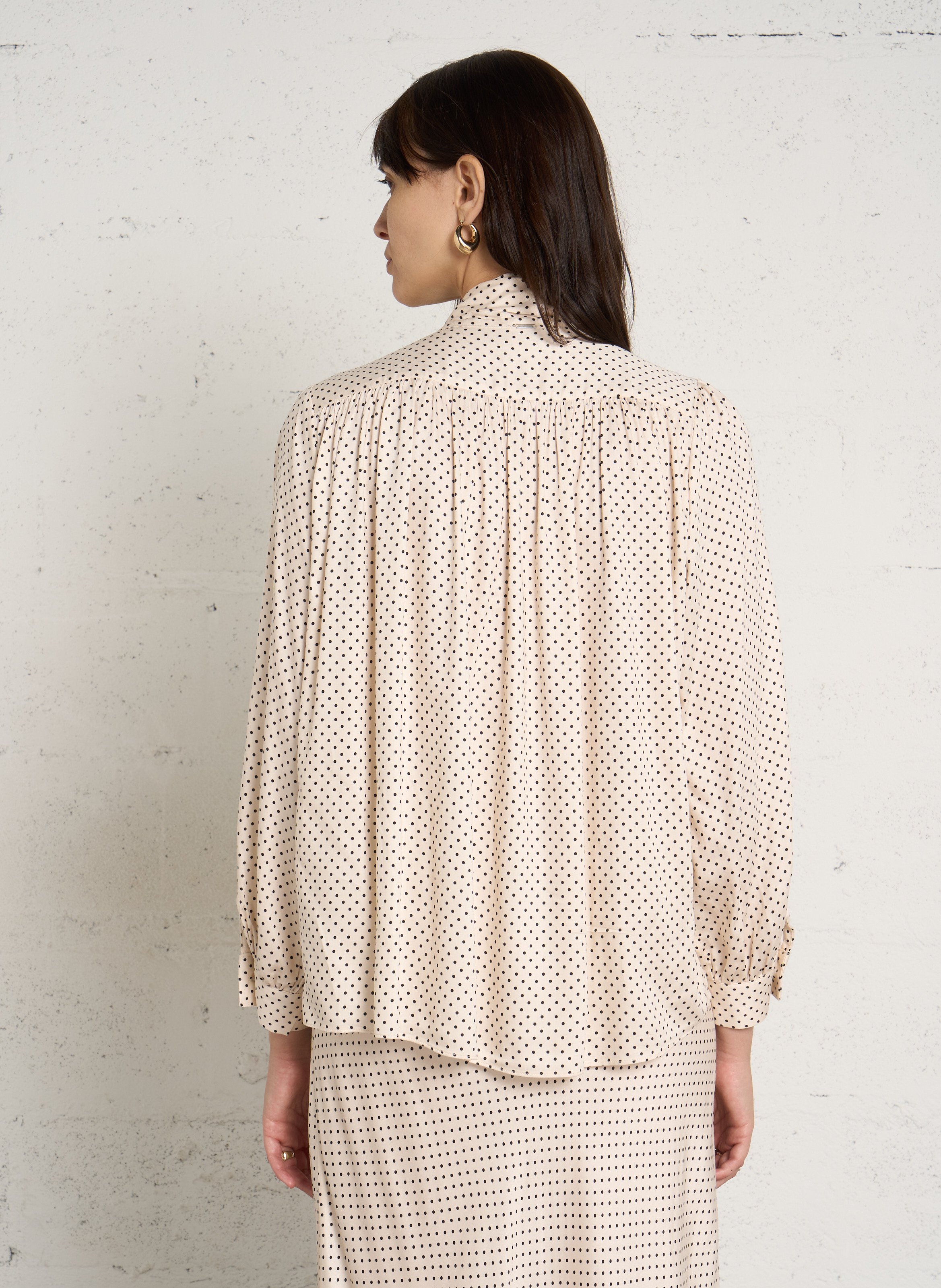 Straight satin polka dot pussy bow blouse IKKS White