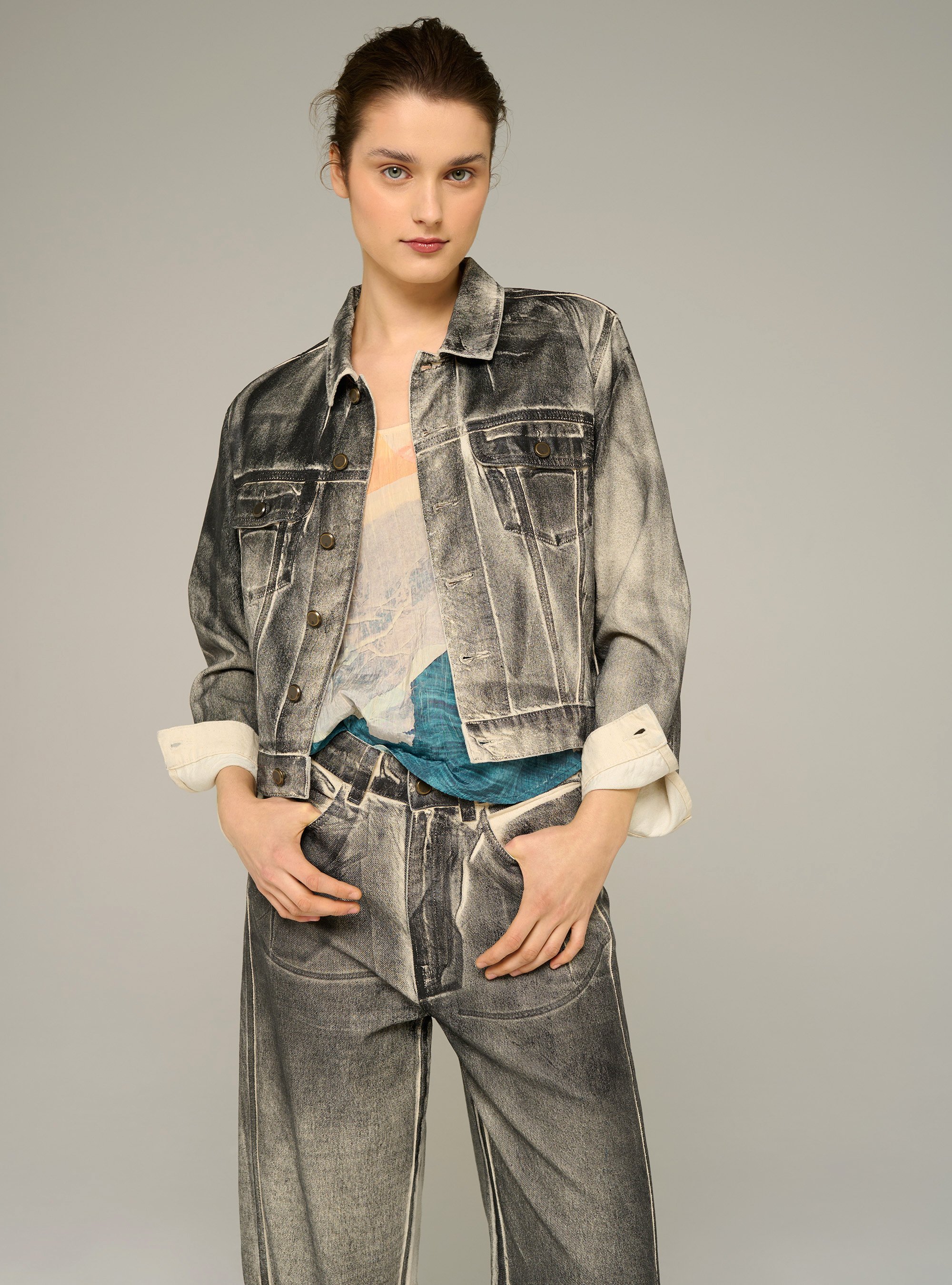 Straight jacket with a classic collar in cotton-blend denim-look fabric COTELAC ACOTE Black