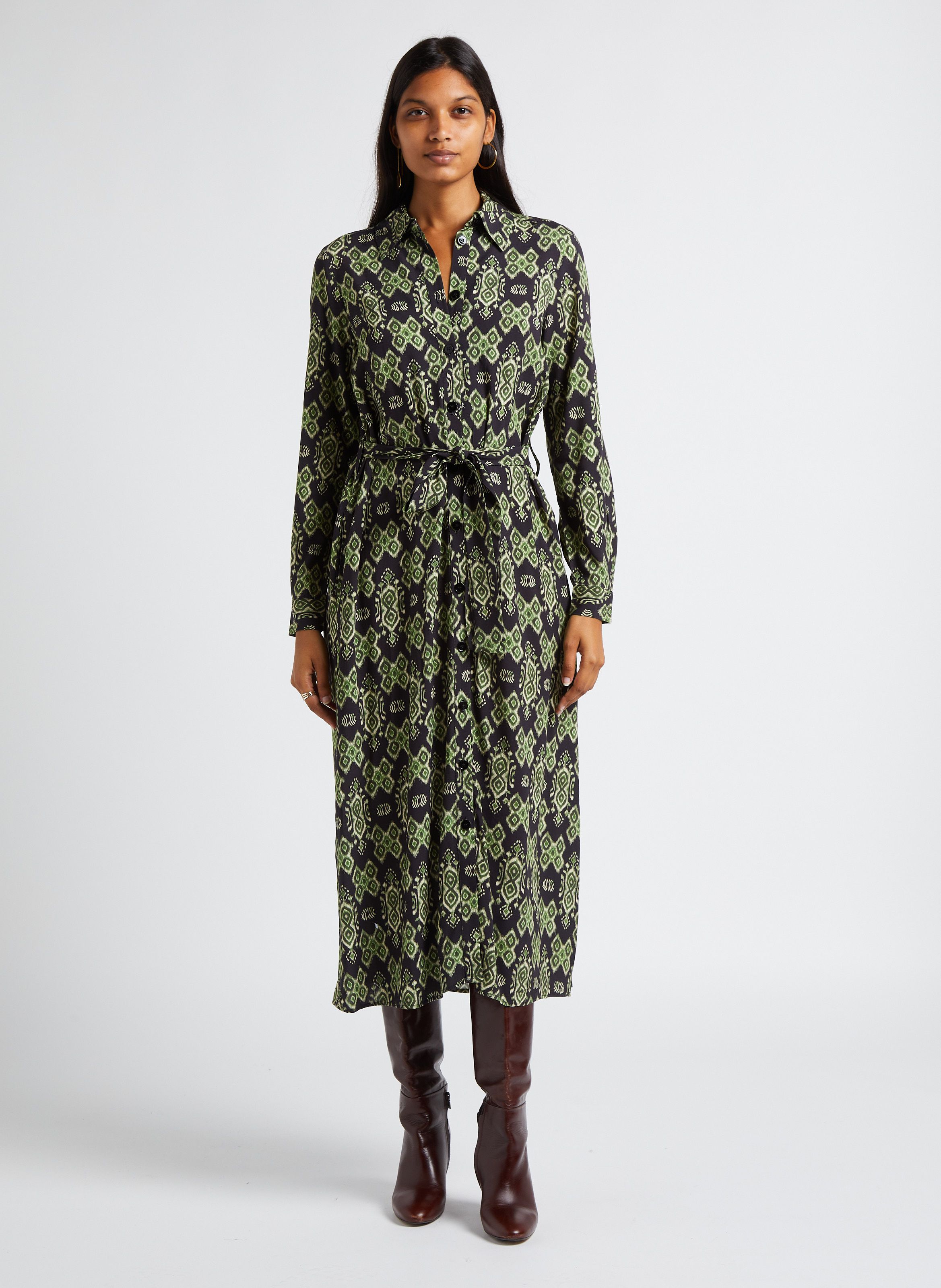 Long Printed Dress With Classic Collar Kaki Stella Forest Women