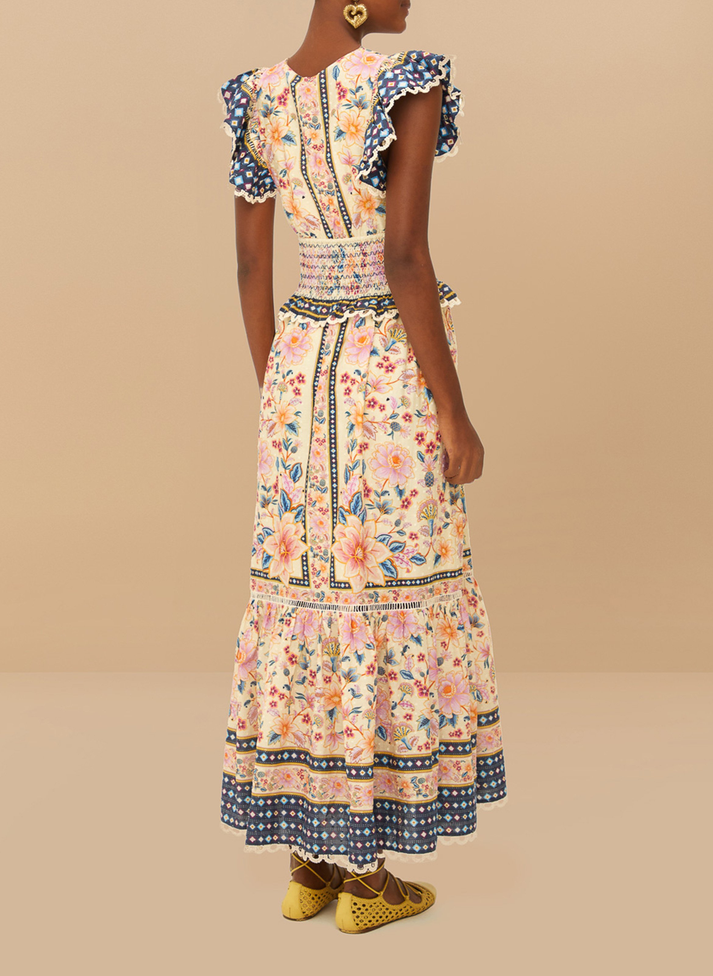 Robe longue cintrée col V à motifs FARM RIO Multicolore