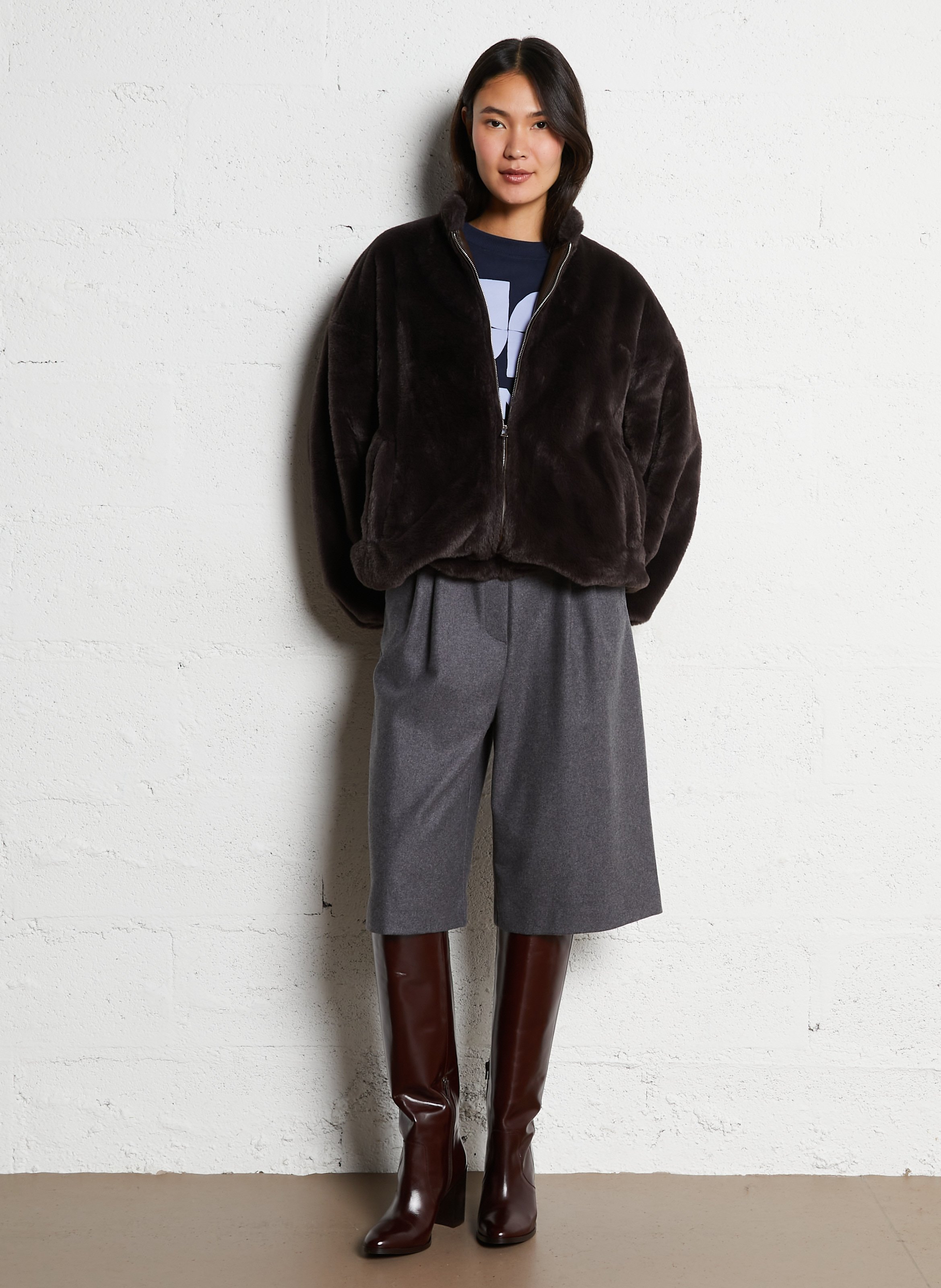 Zipped jacket in plain faux fur IMPERIAL Brown