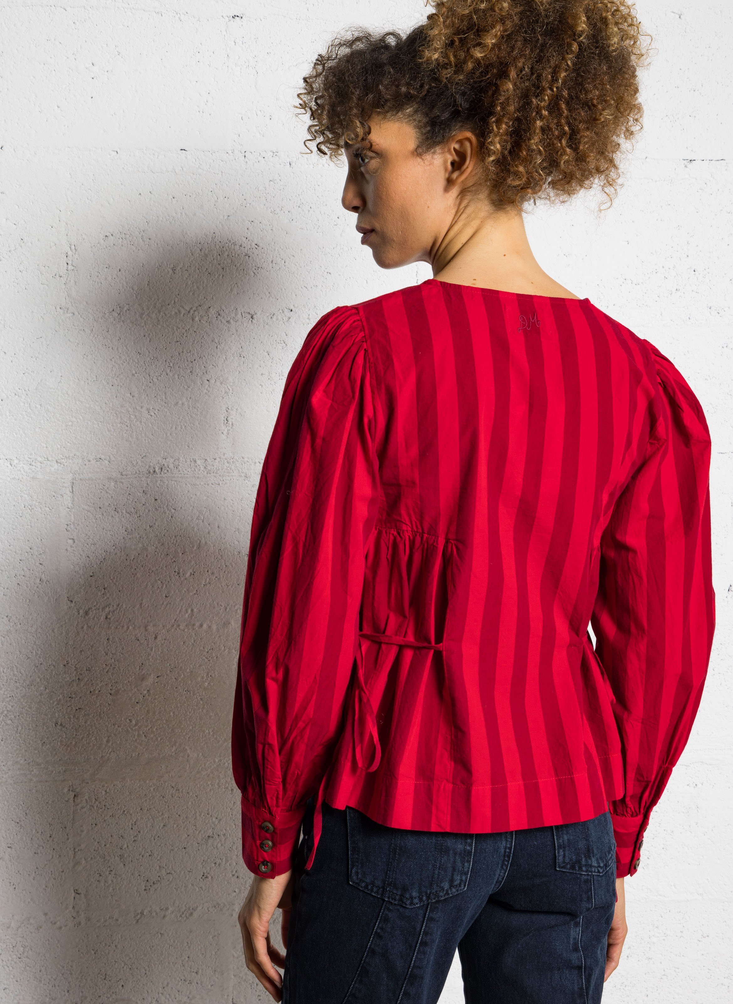 Blouse froncée à rayures en coton bio DAMSON MADDER Rouge
