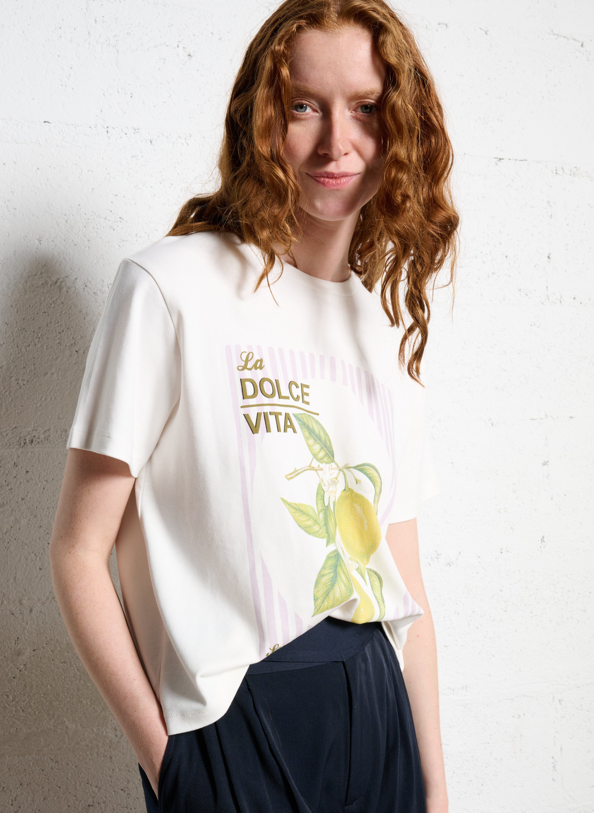 Tee-shirt droit col rond en coton sérigraphié IKKS Blanc