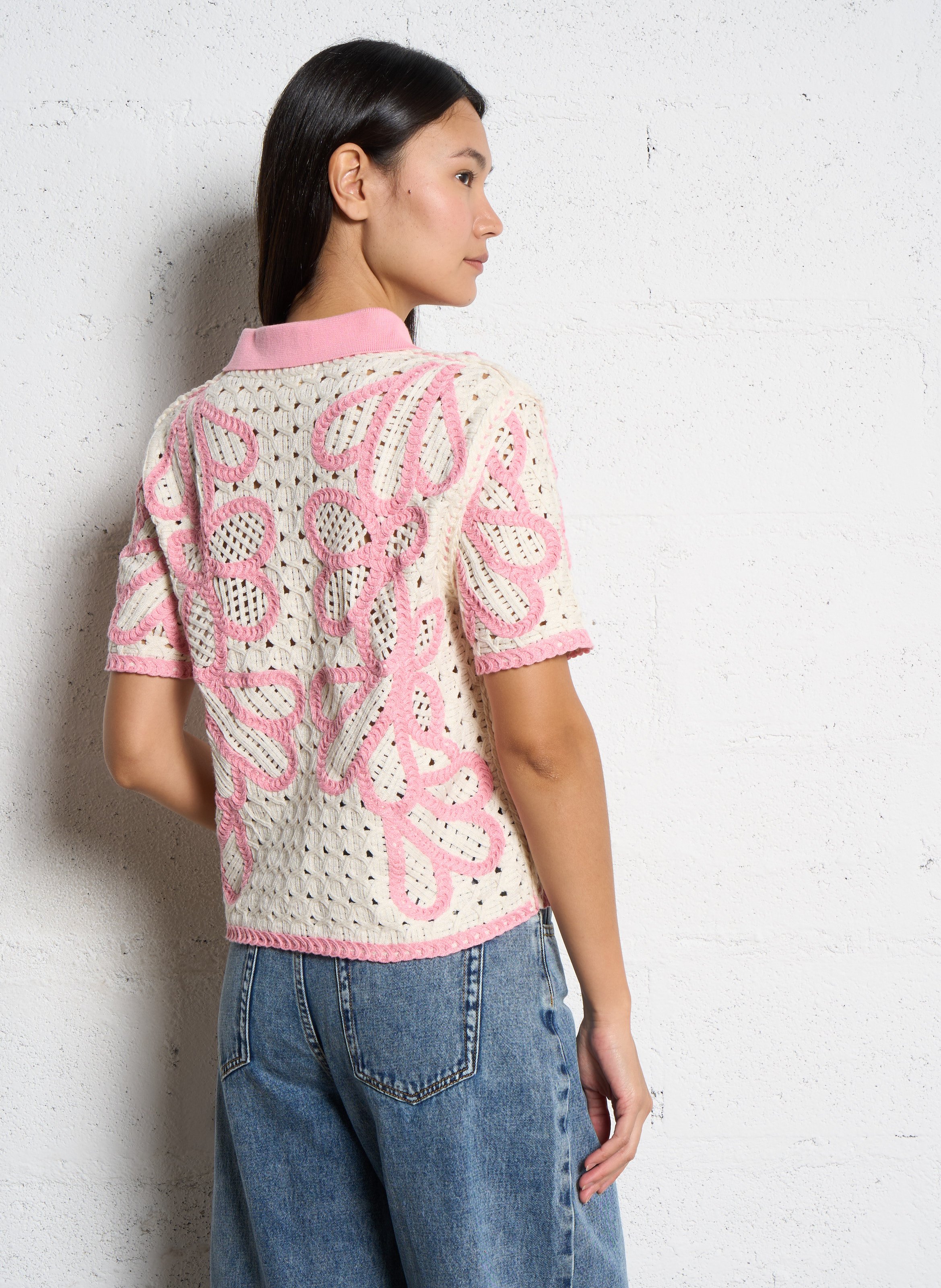Gilet manches courtes fleuri en crochet  SUNCOO Rose