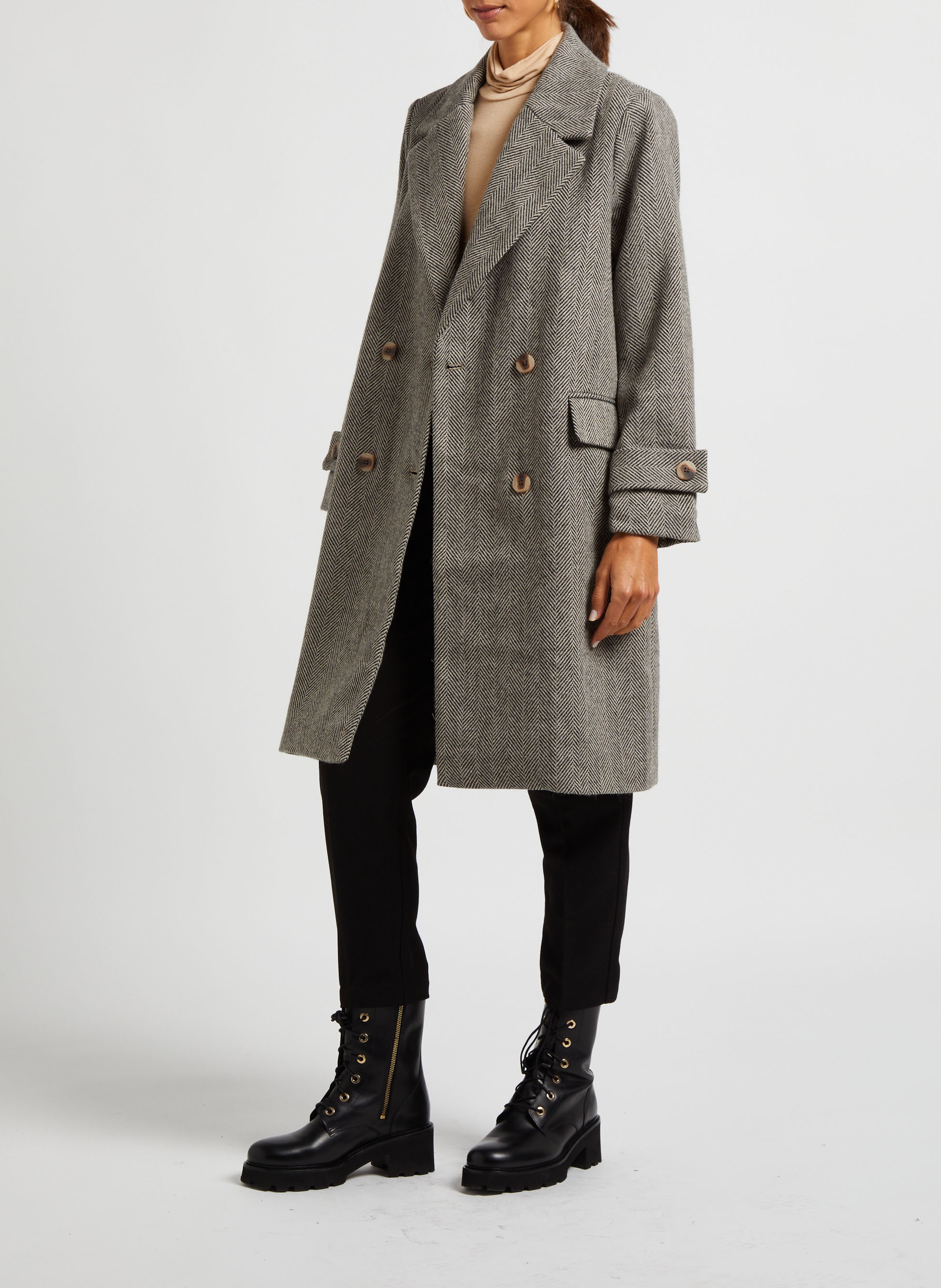 Manteau long col tailleur à imprimé chevron VILA Beige