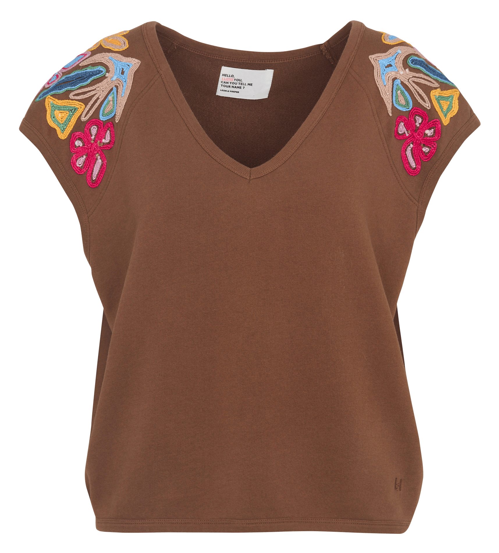 Sweat col V à détails brodés  LEON & HARPER Marron