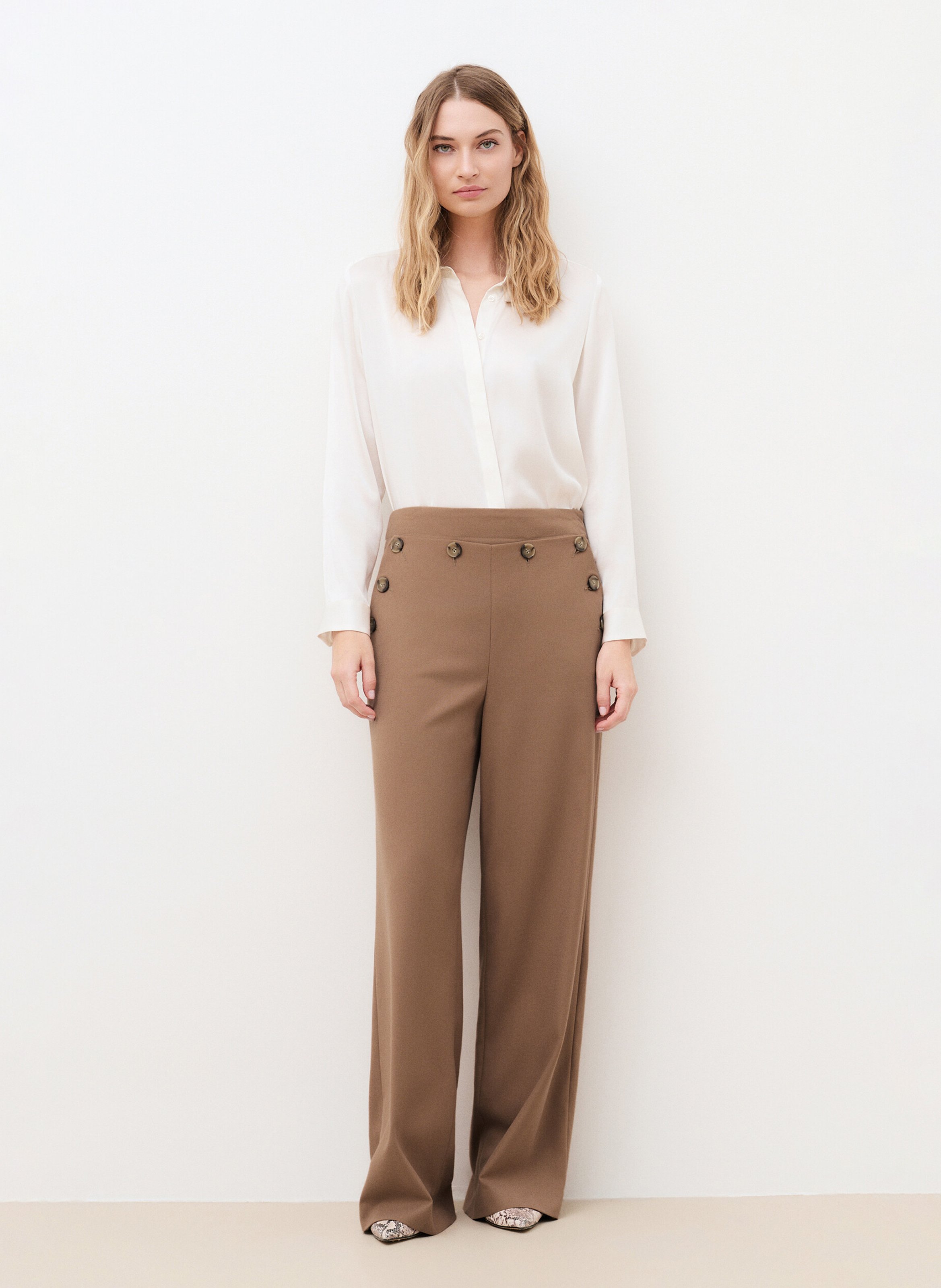Plain wide-leg buttoned trousers CAROLL Brown