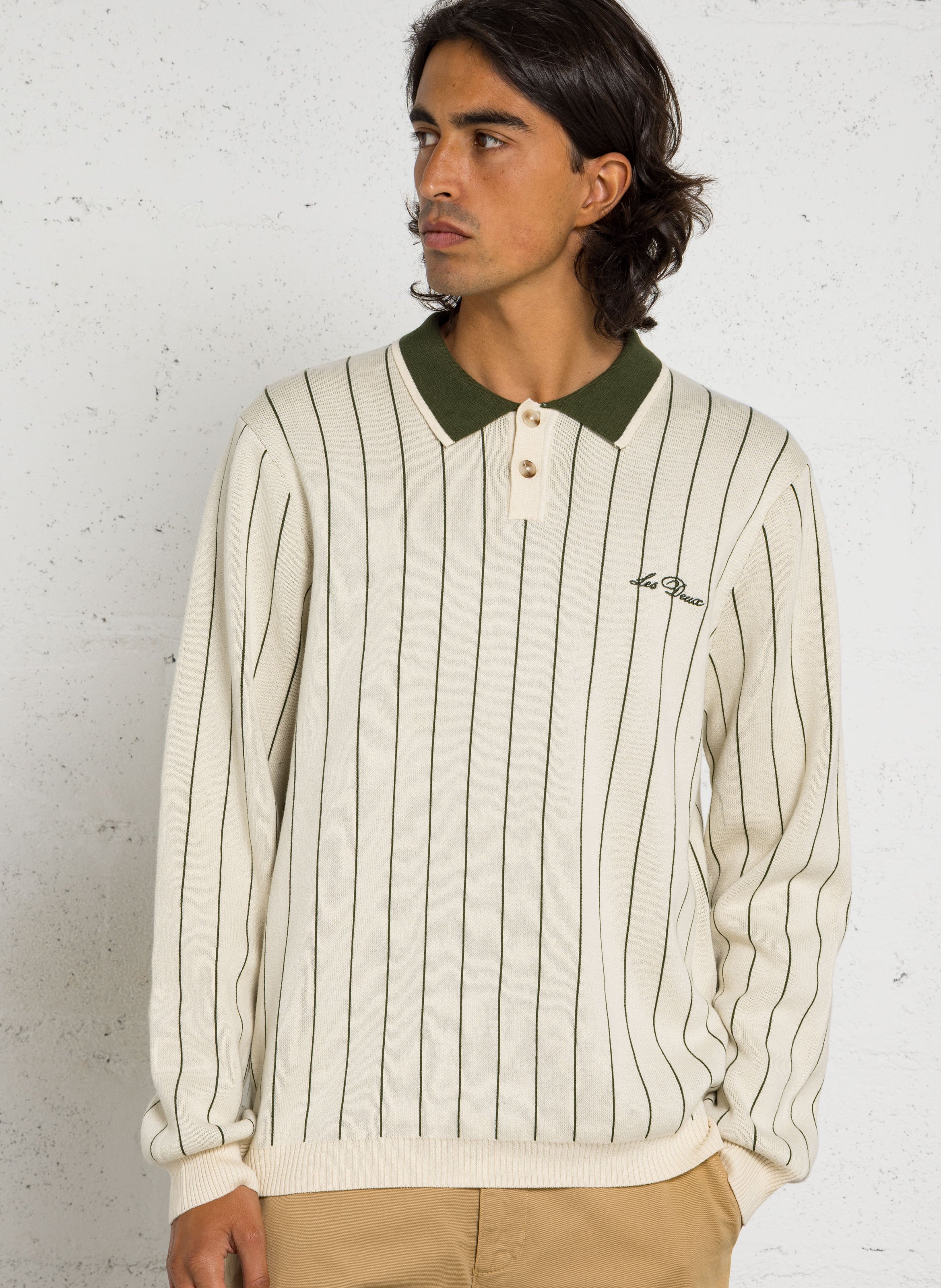 Pull col polo droit à rayures LES DEUX Beige