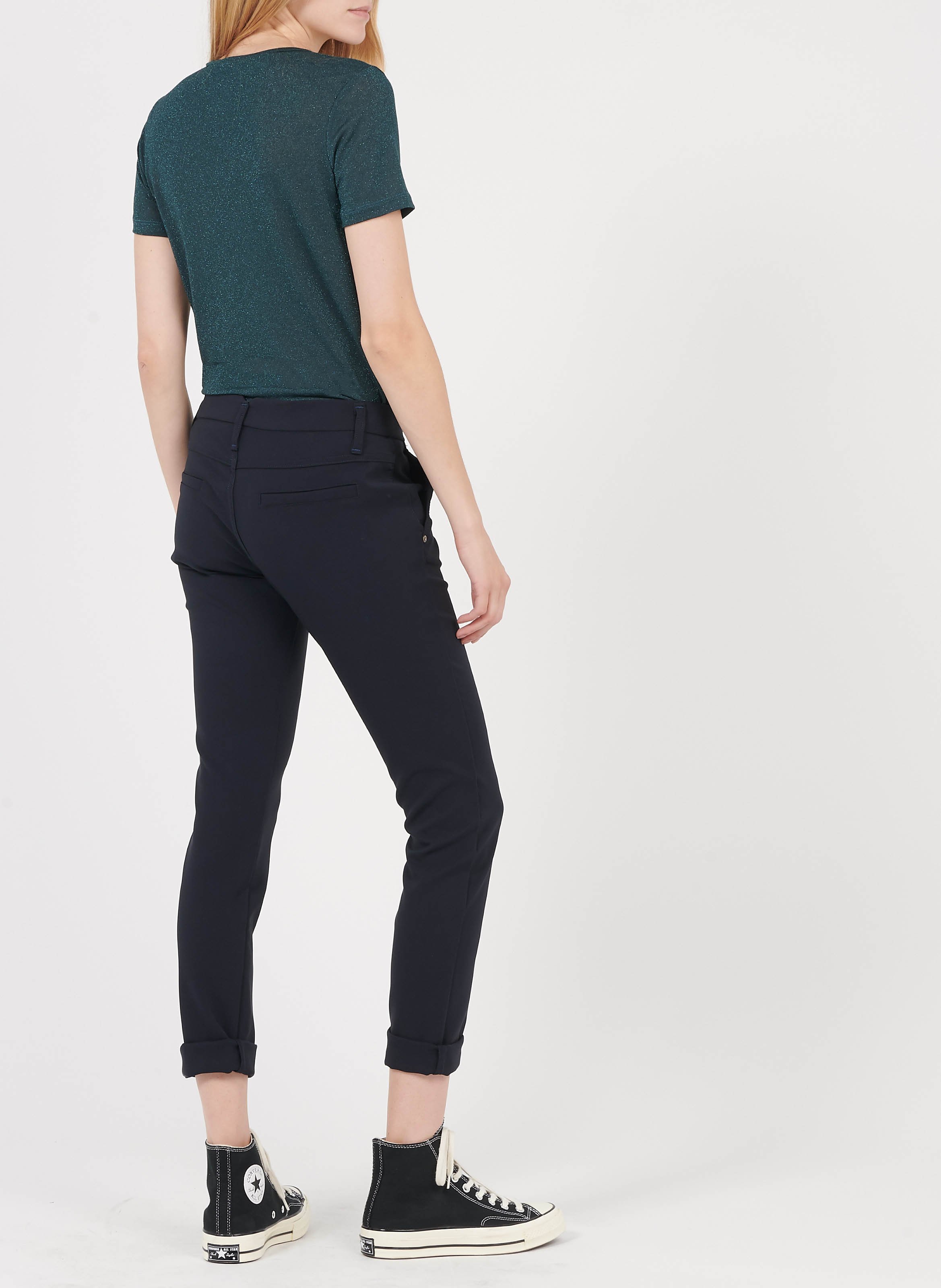 V-neck T-shirt with metallic thread PLEASE Blue