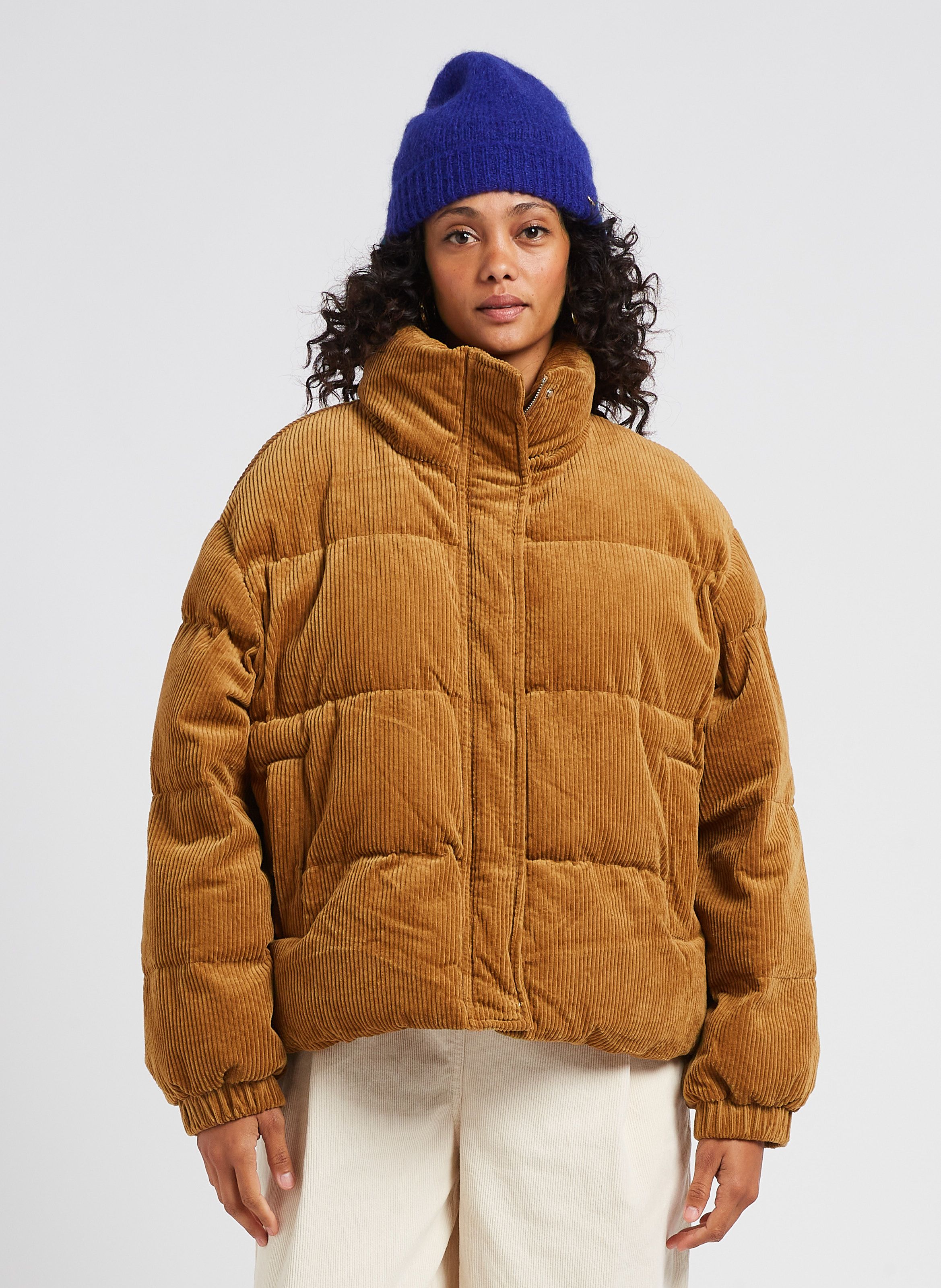 Brown Short high collar down jacket in cotton corduroy