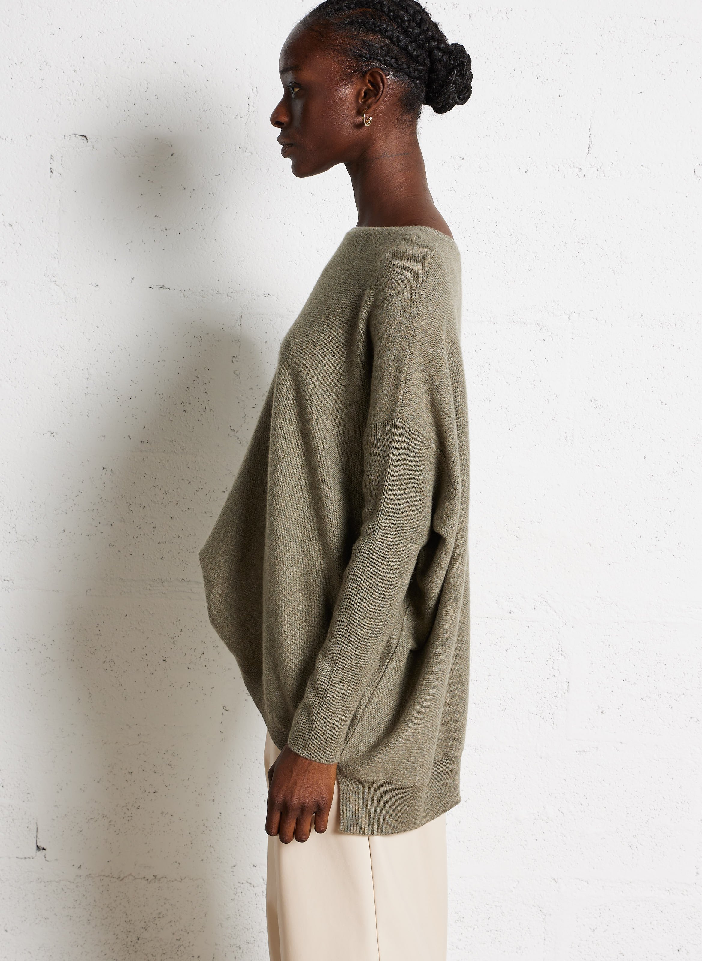 Pull ample col bateau en cachemire KUJTEN Kaki