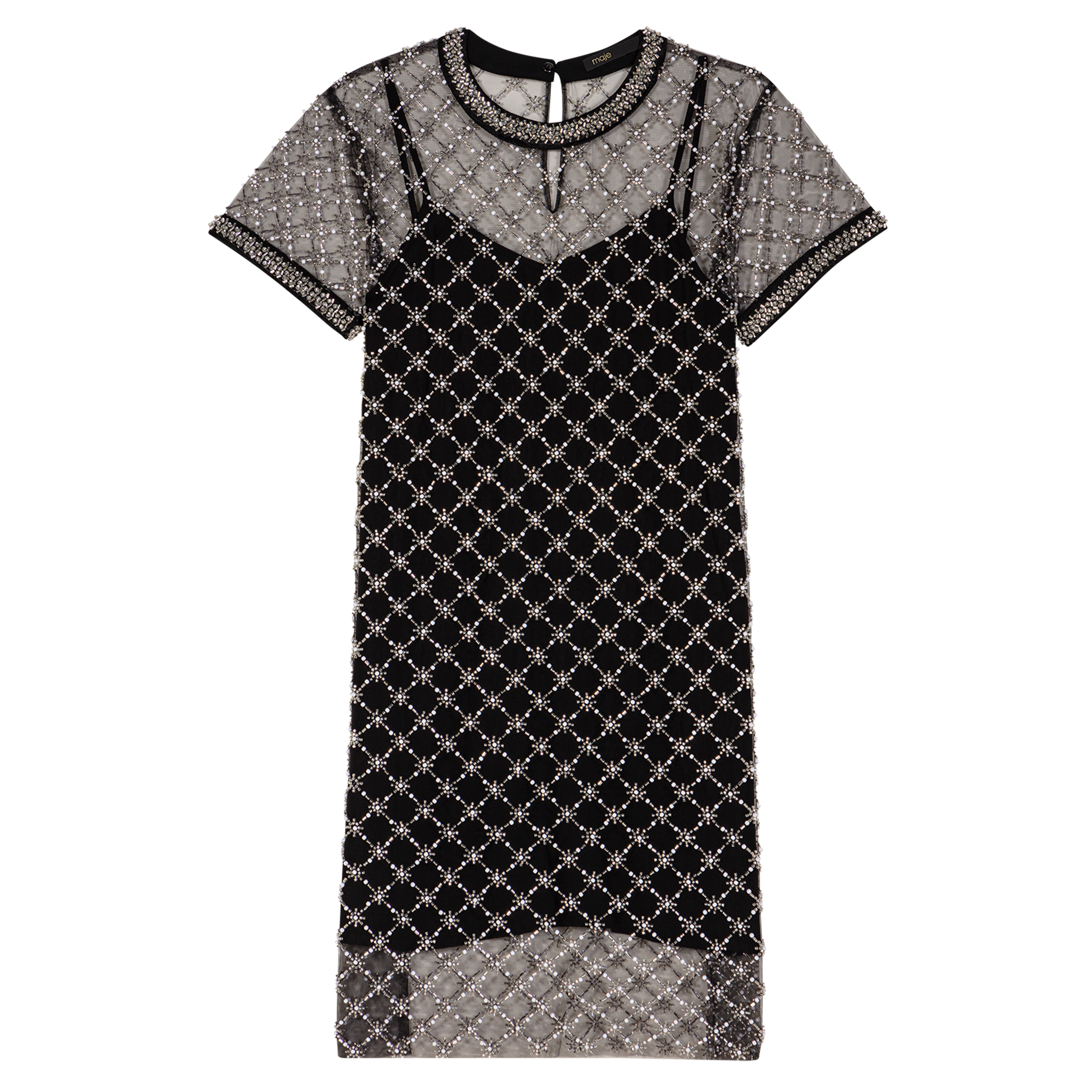 Short straight dress with beaded transparency MAJE Black