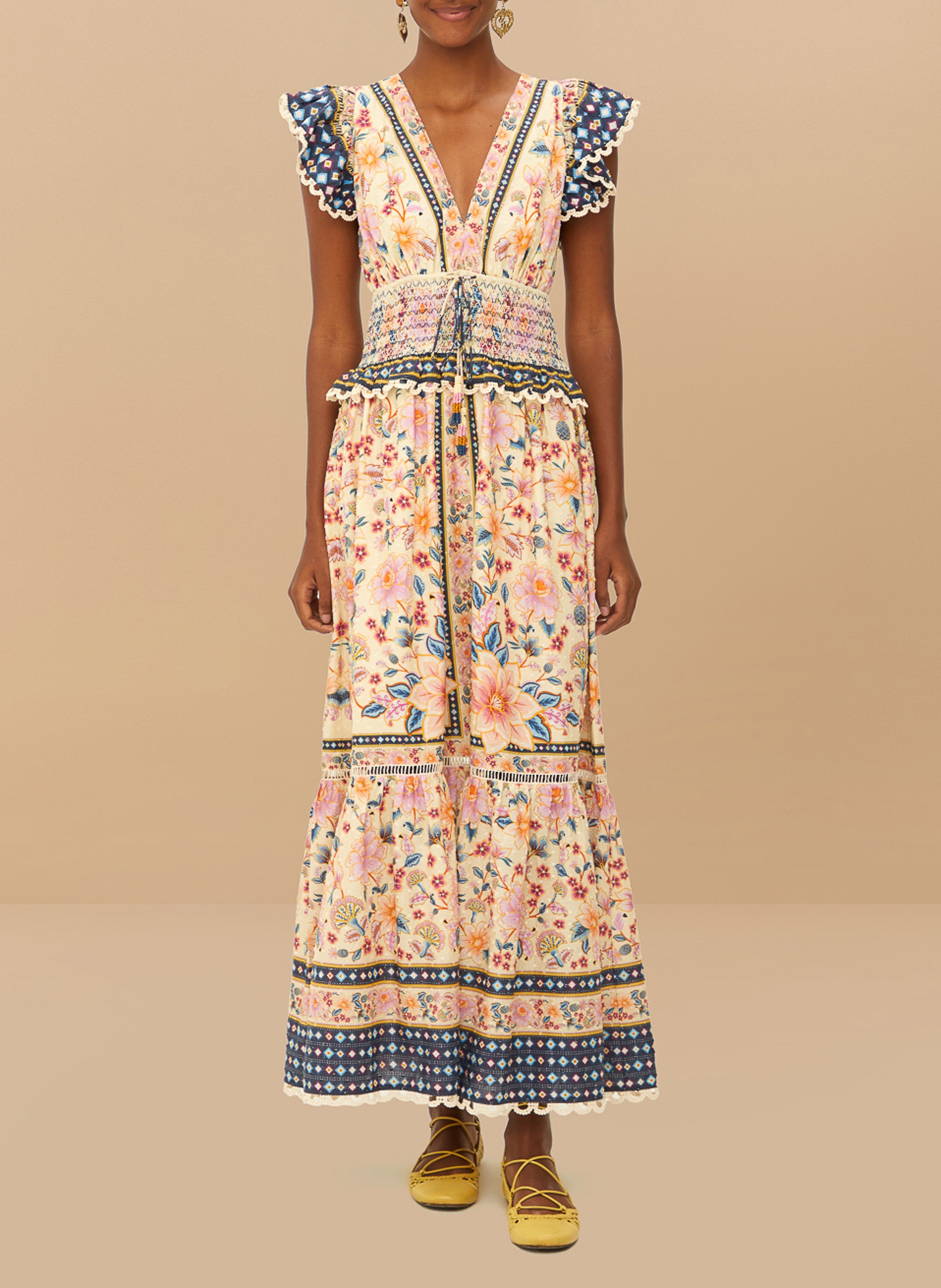 Robe longue cintrée col V à motifs FARM RIO Multicolore