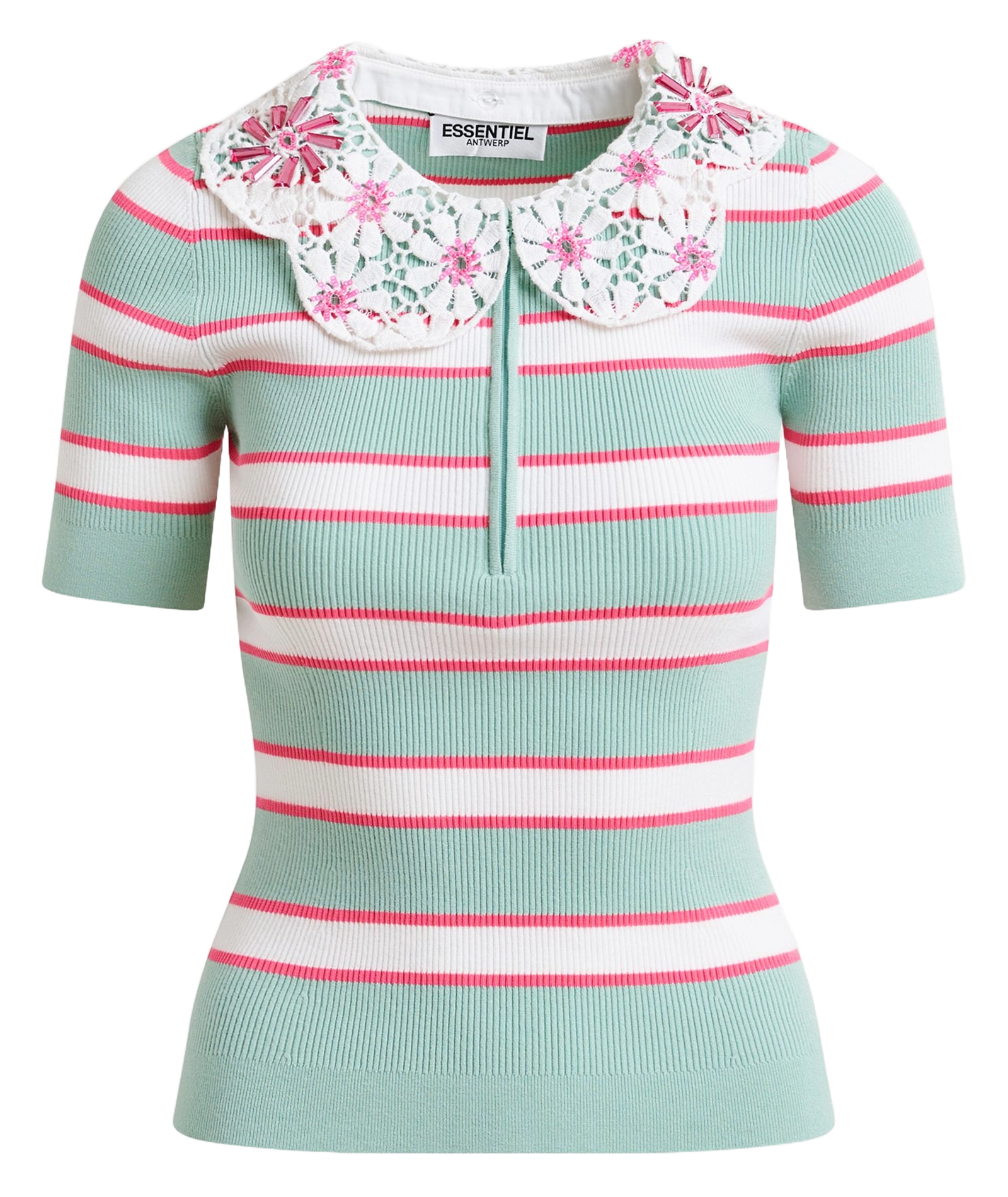 Top ajusté rayé à col claudine dentelle ESSENTIEL ANTWERP Vert