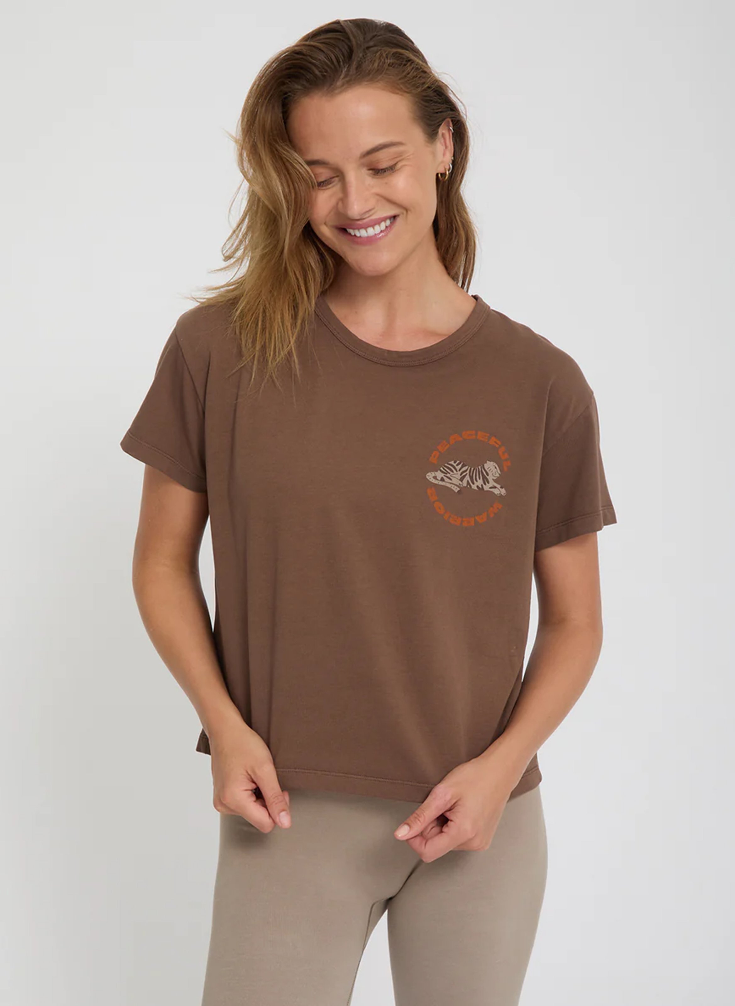 Tee-shirt droit col rond imprimé  YOGA SEARCHER Marron