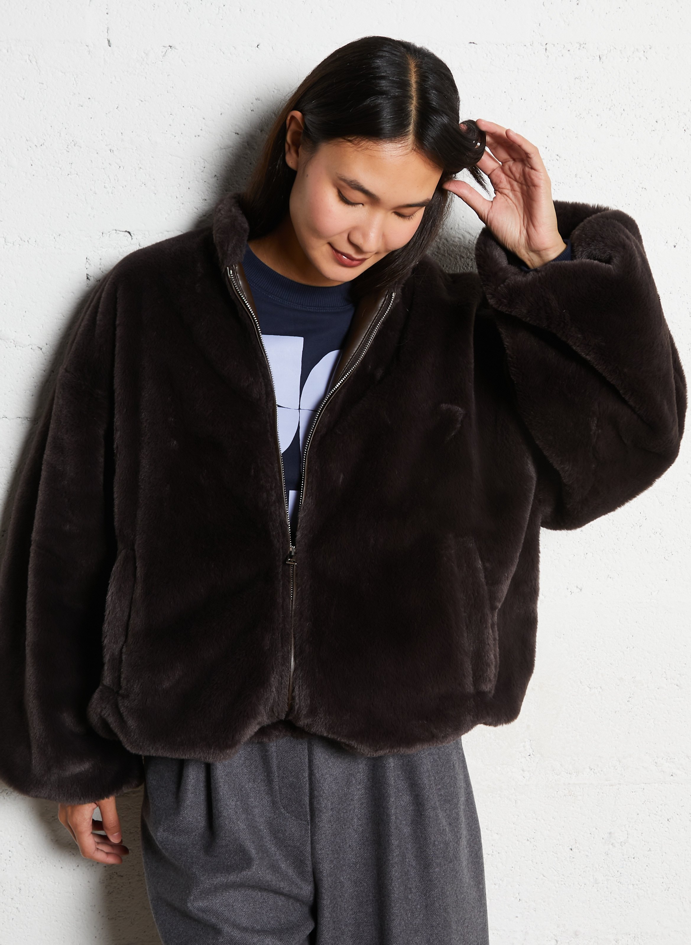 Zipped jacket in plain faux fur IMPERIAL Brown