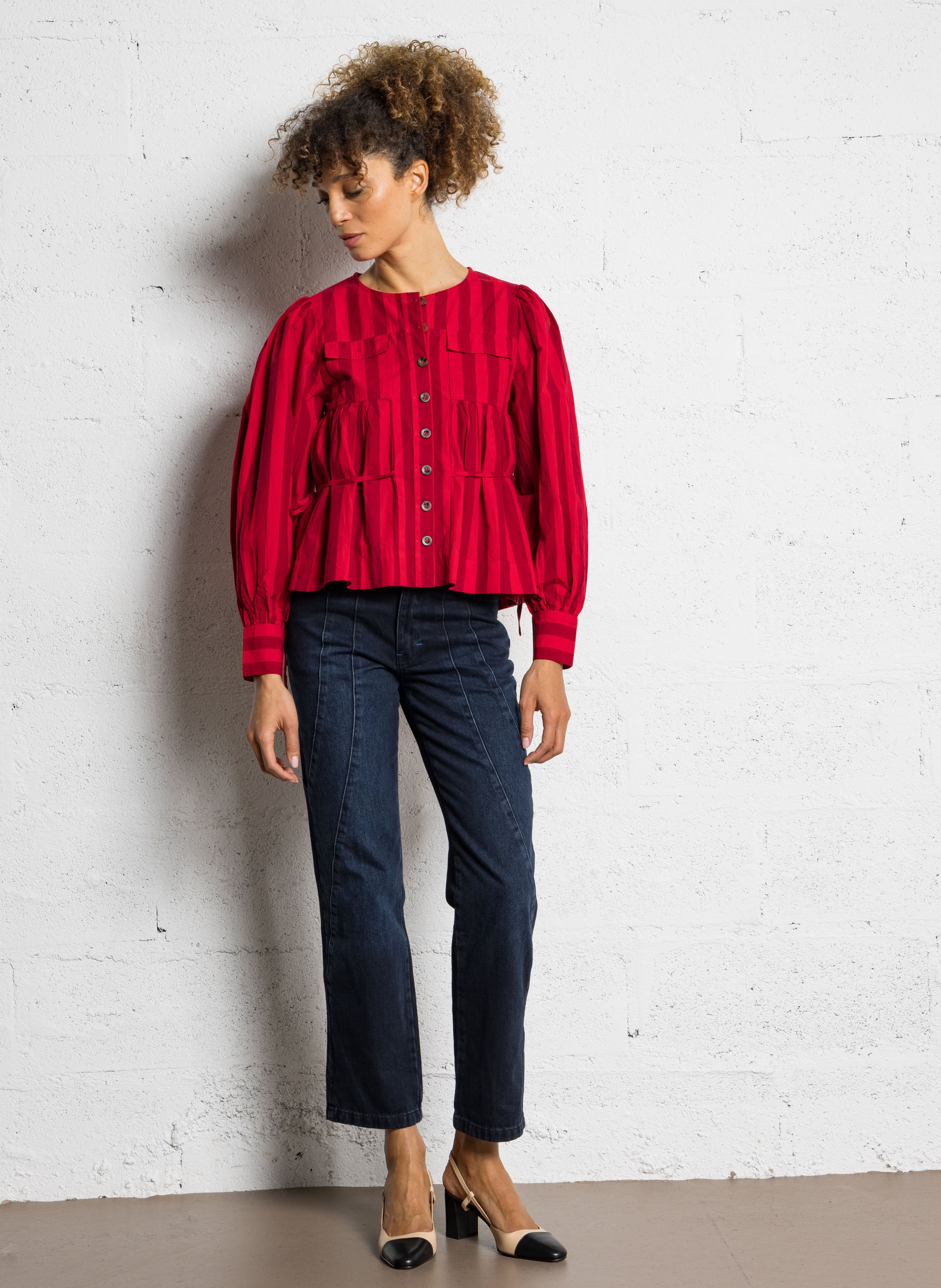 Blouse froncée à rayures en coton bio DAMSON MADDER Rouge
