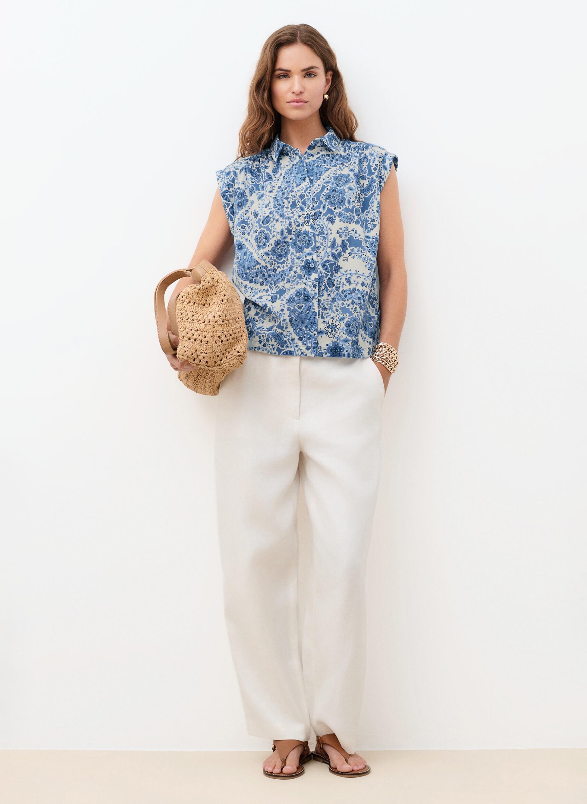 Chemise droite col classique en coton imprimé CAROLL Bleu