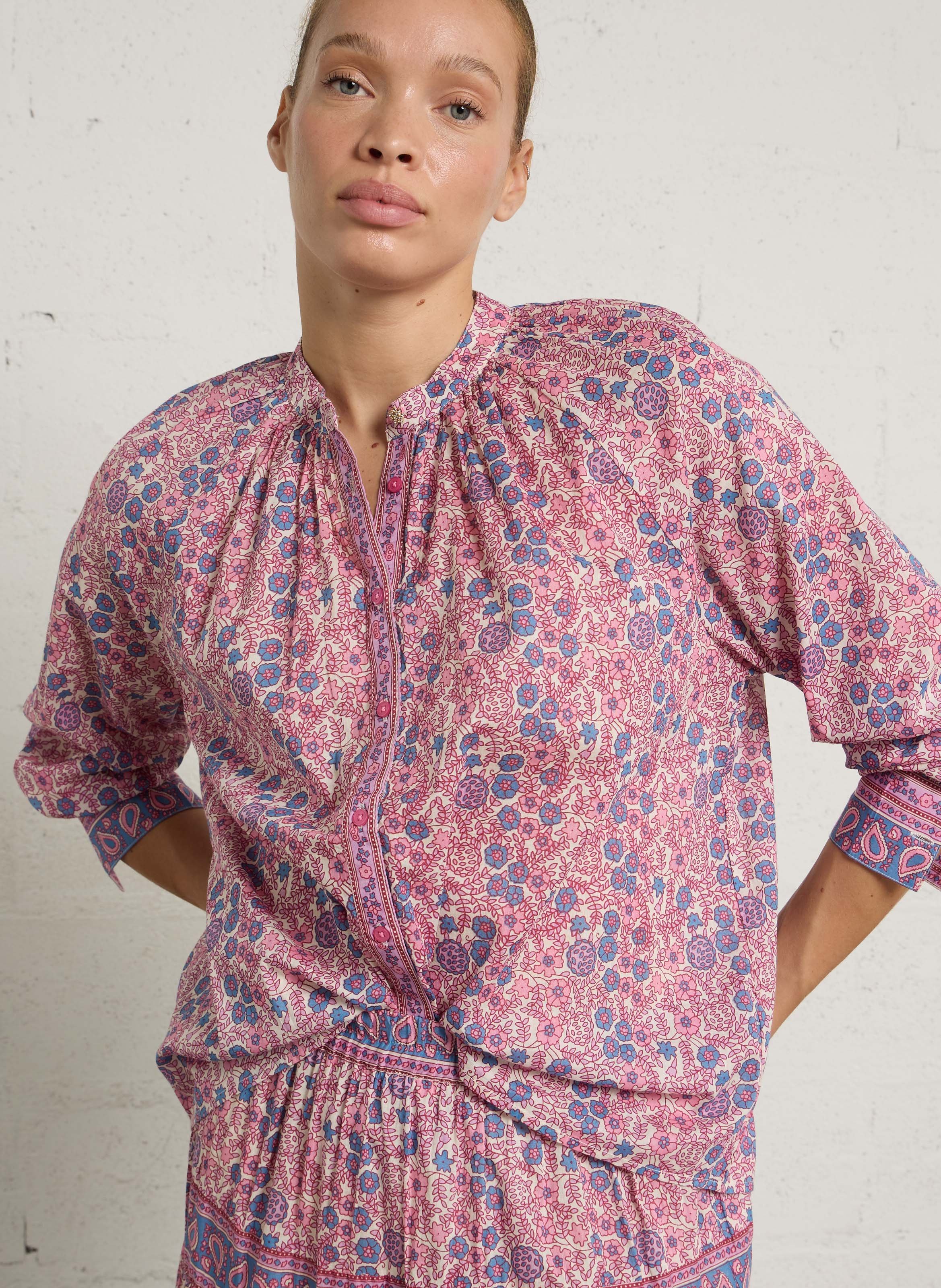 Chemise oversize col rond en coton imprimé PETITE MENDIGOTE Beige