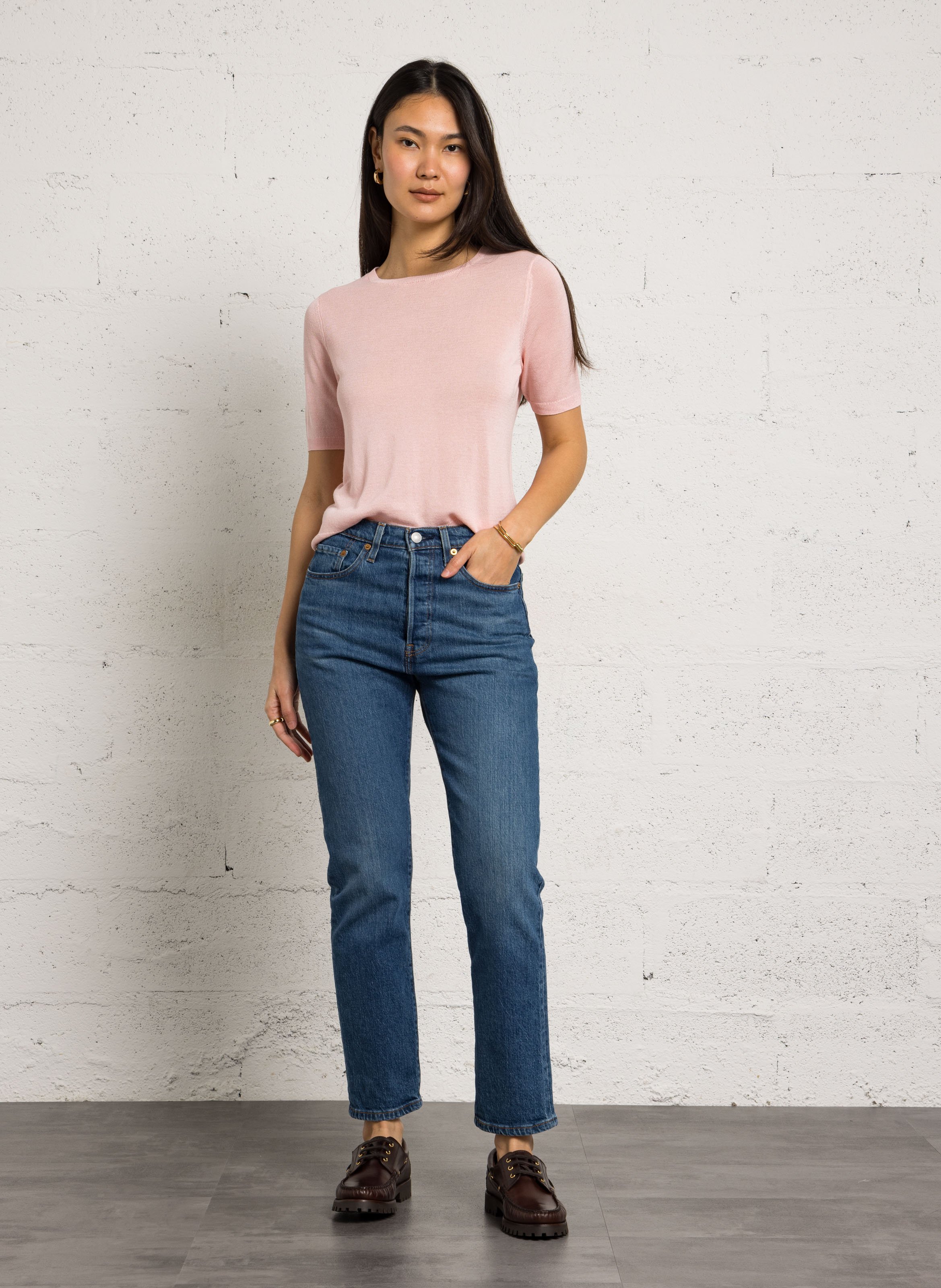 Trui met korte mouwen van effen fijne gebreide stof MAISON 123 Roze