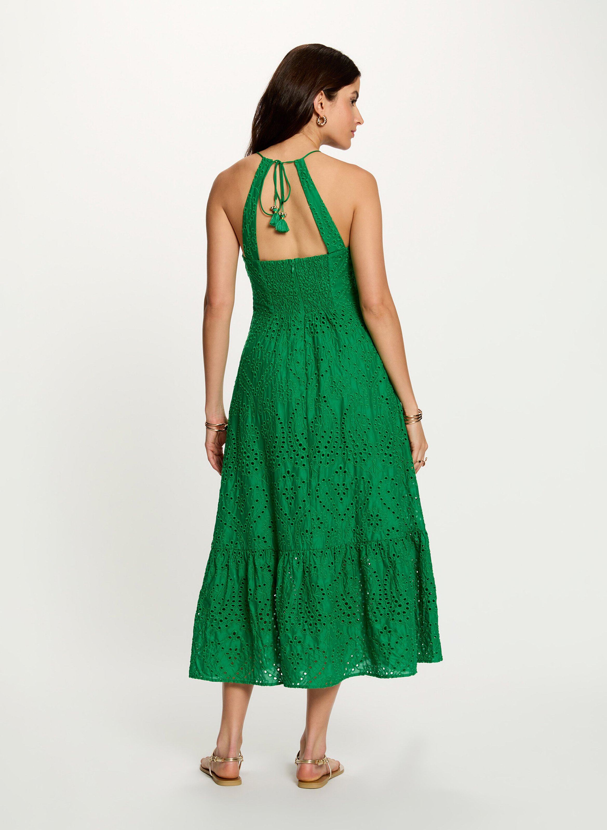 Long dress with English embroidery MORGAN Green