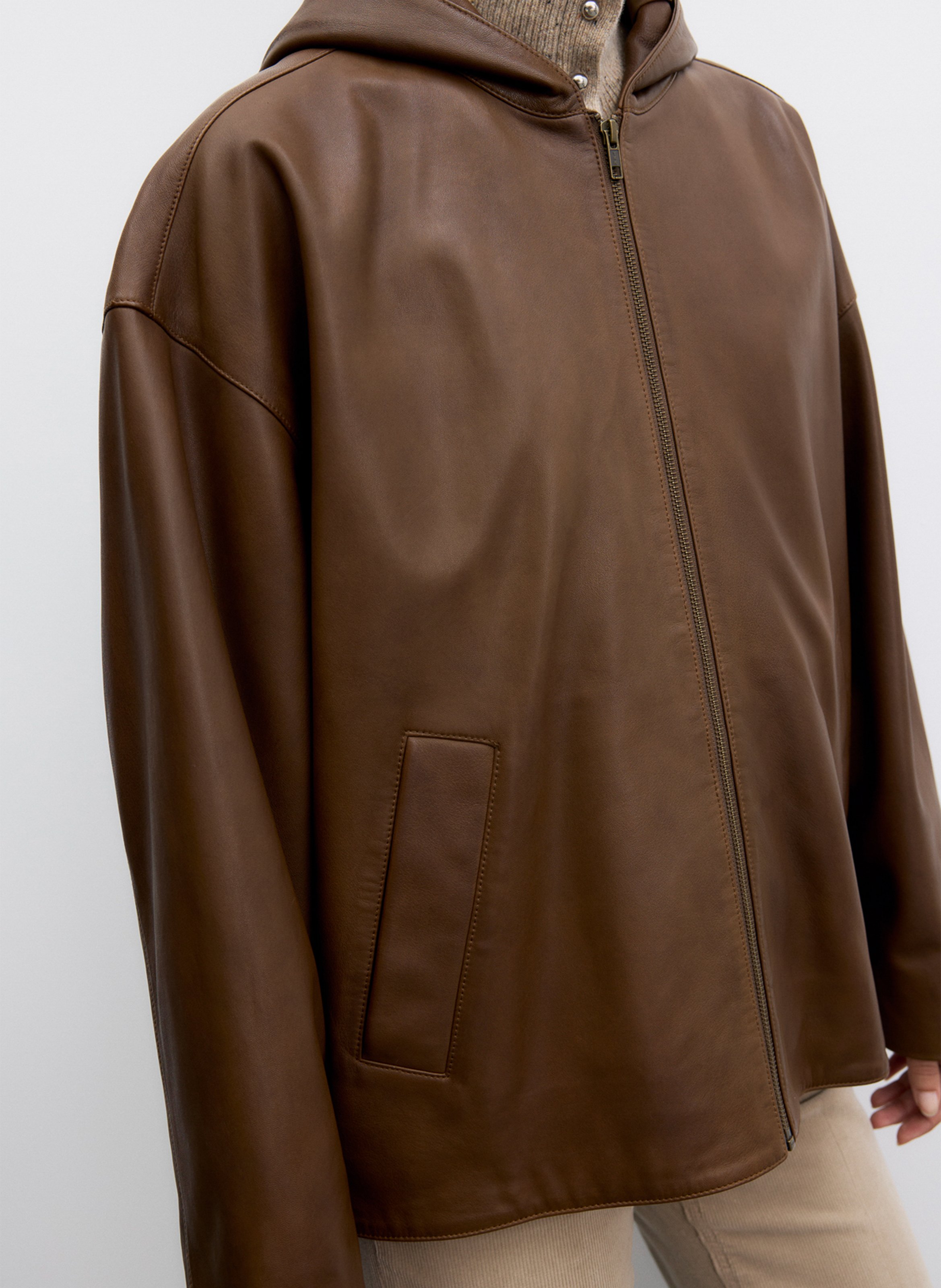 Chaqueta amplia con capucha de cuero GERARD DAREL Marron
