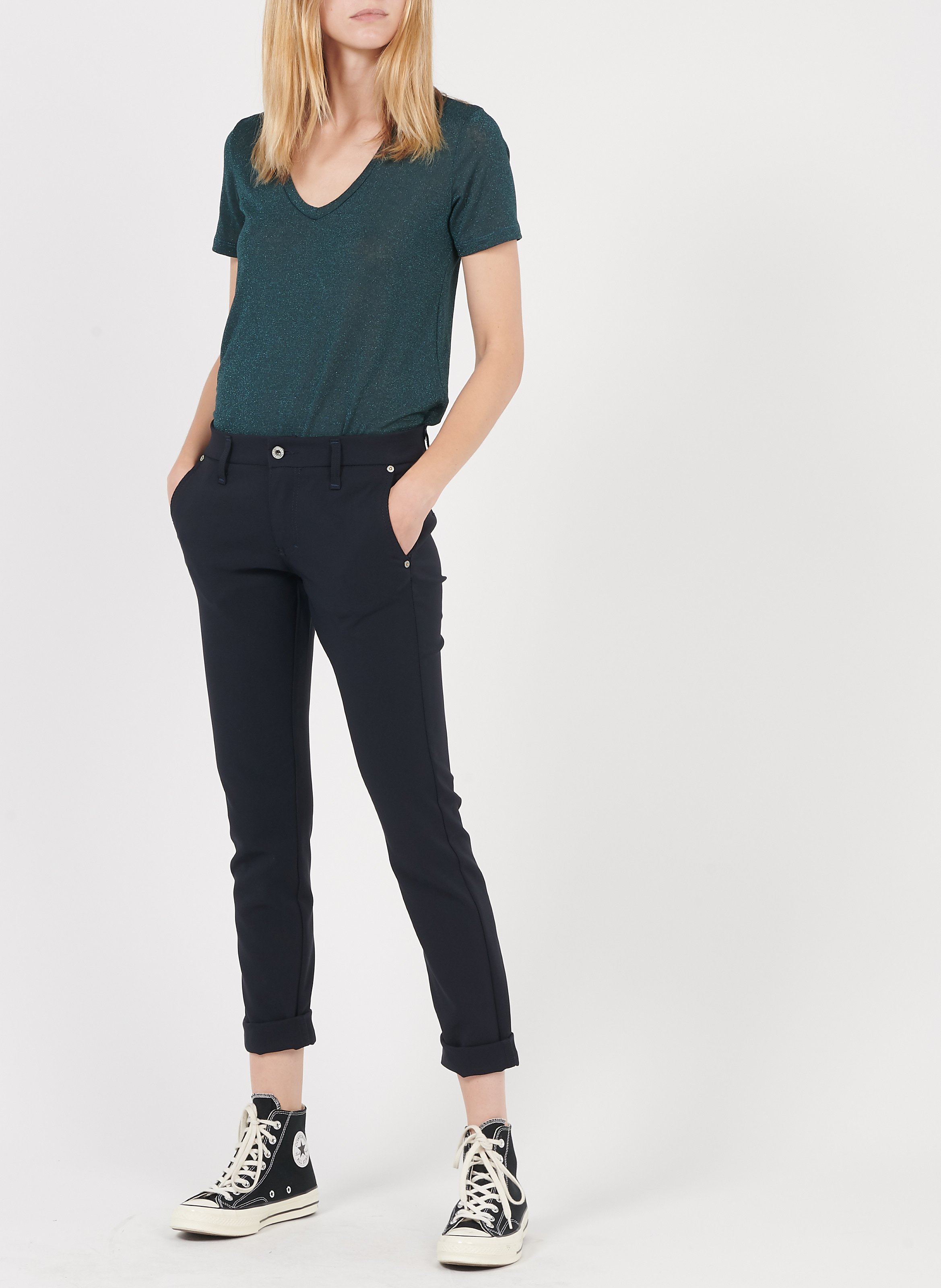 V-neck T-shirt with metallic thread PLEASE Blue