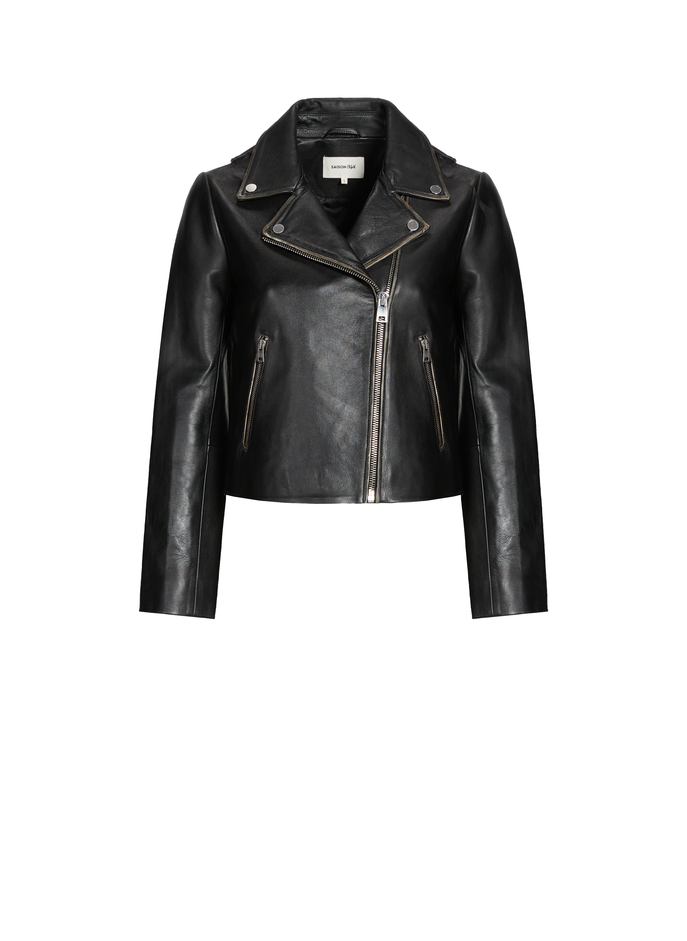 Short zip-up leather jacket SAISON 1865 Black
