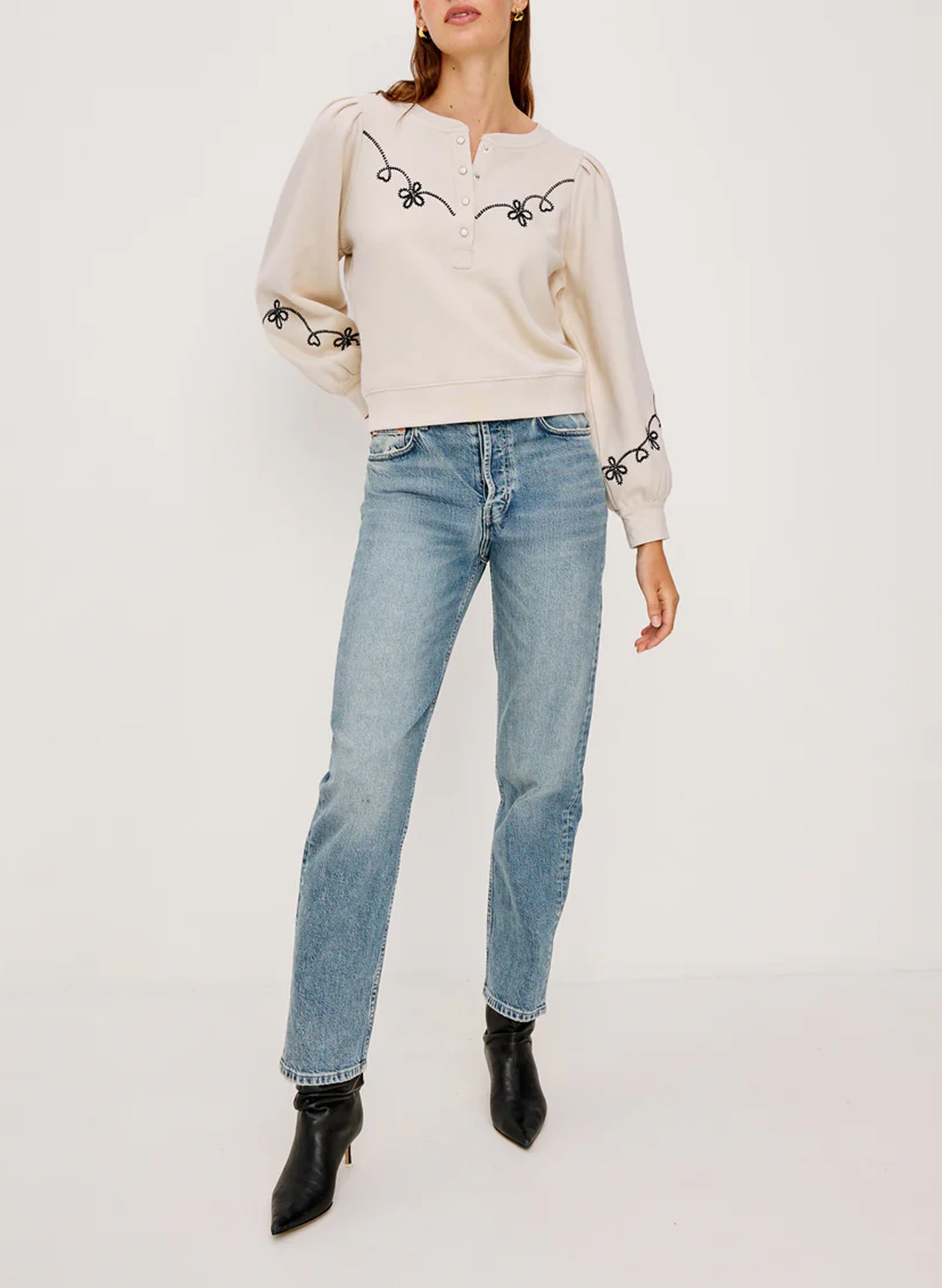 Sweat droit brodé à manches bouffantes RAILS Beige