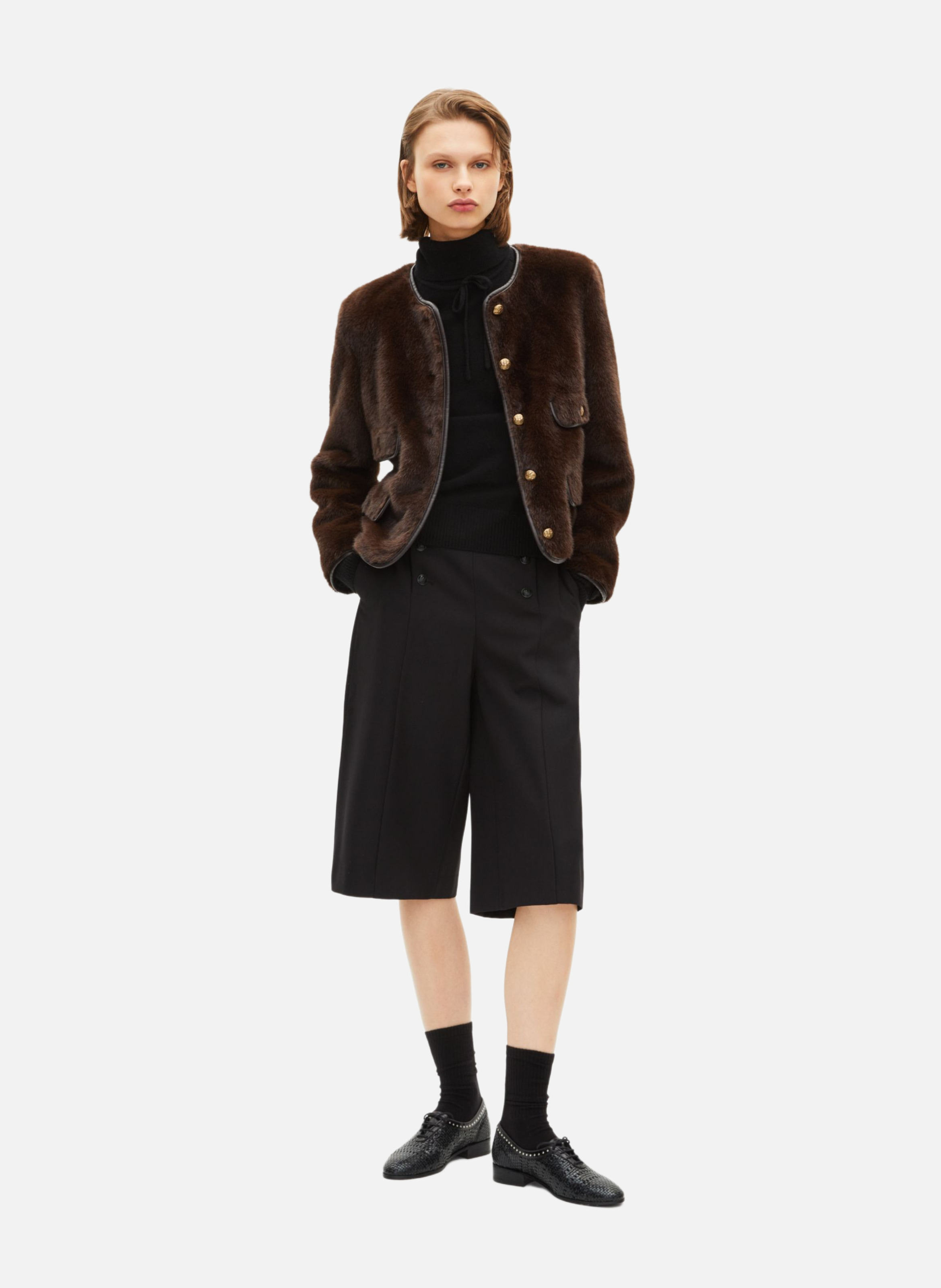 Faux fur jacket with leather details THE KOOPLES Brown