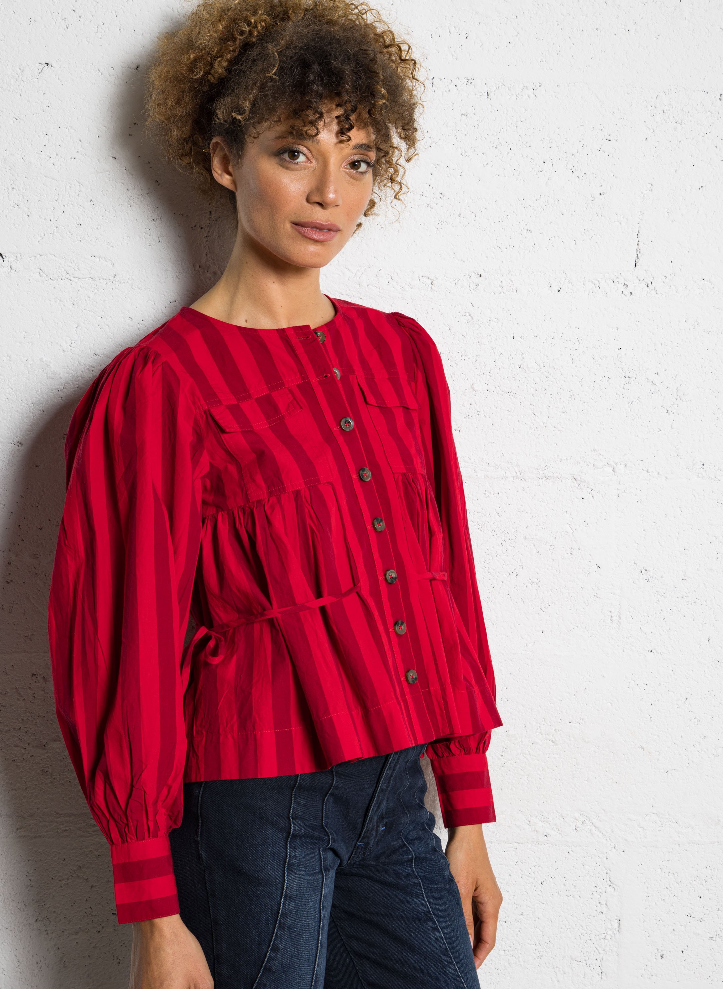 Blouse froncée à rayures en coton bio DAMSON MADDER Rouge