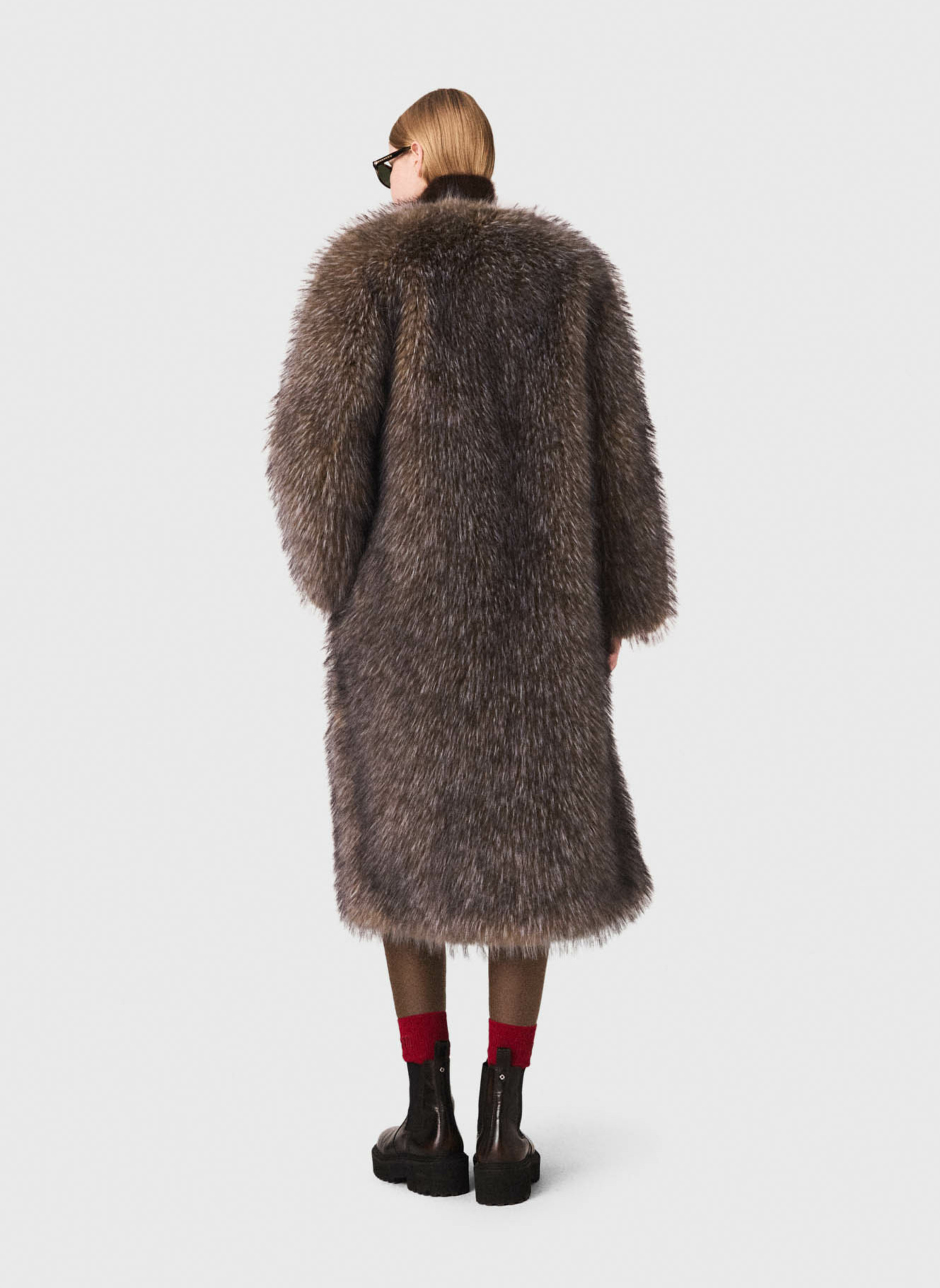 Manteau col rond effet fourrure  MAJE Gris