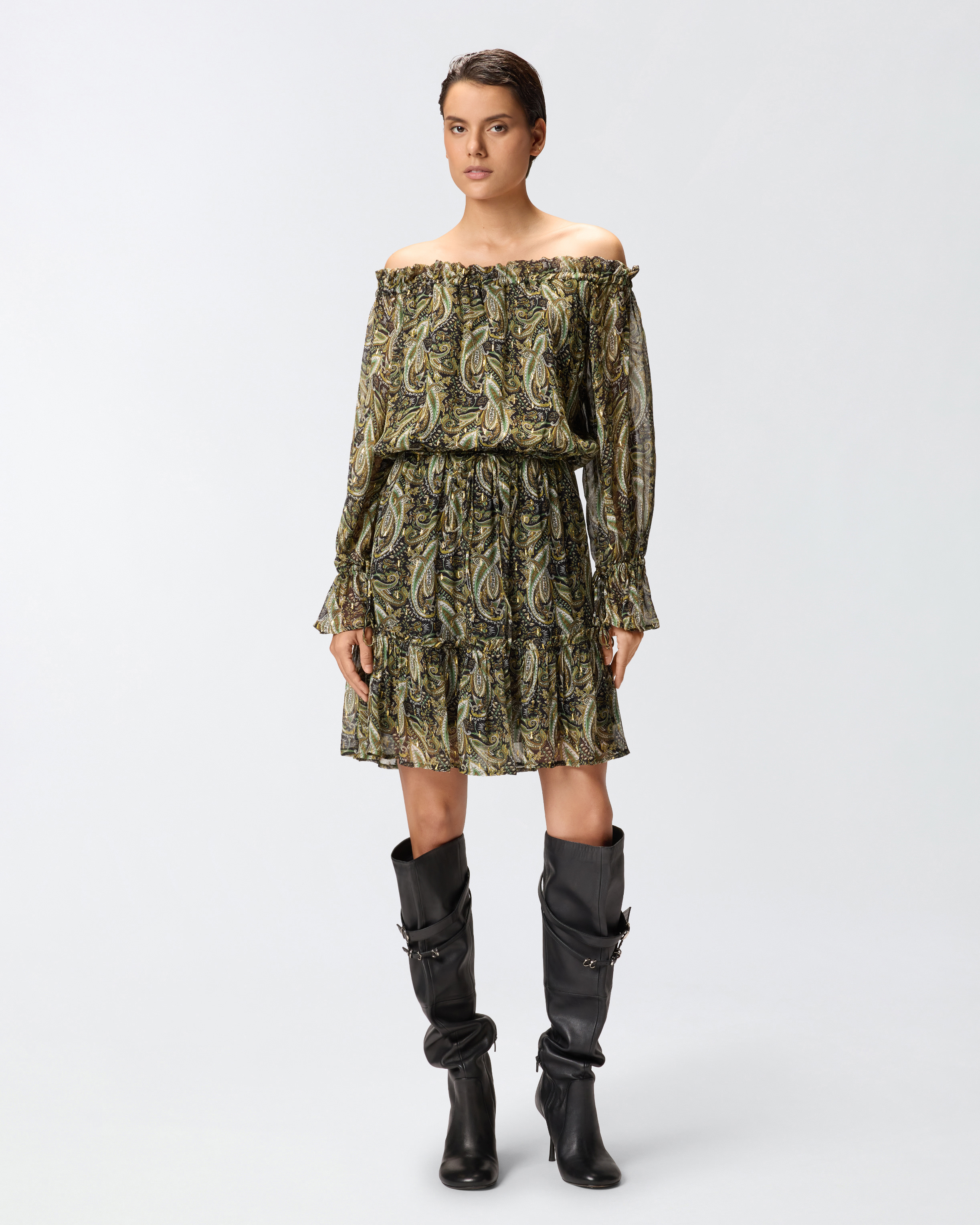 Short dress with bardot neckline and cashmere print PINKO Green