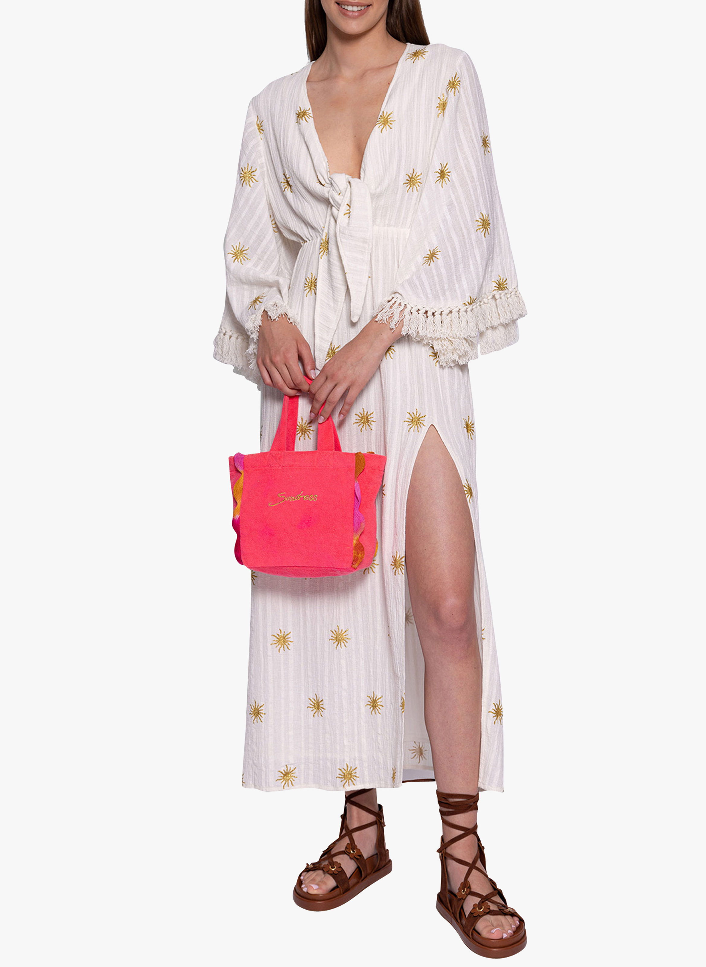 Robe longue col V à motifs en coton SUNDRESS Blanc