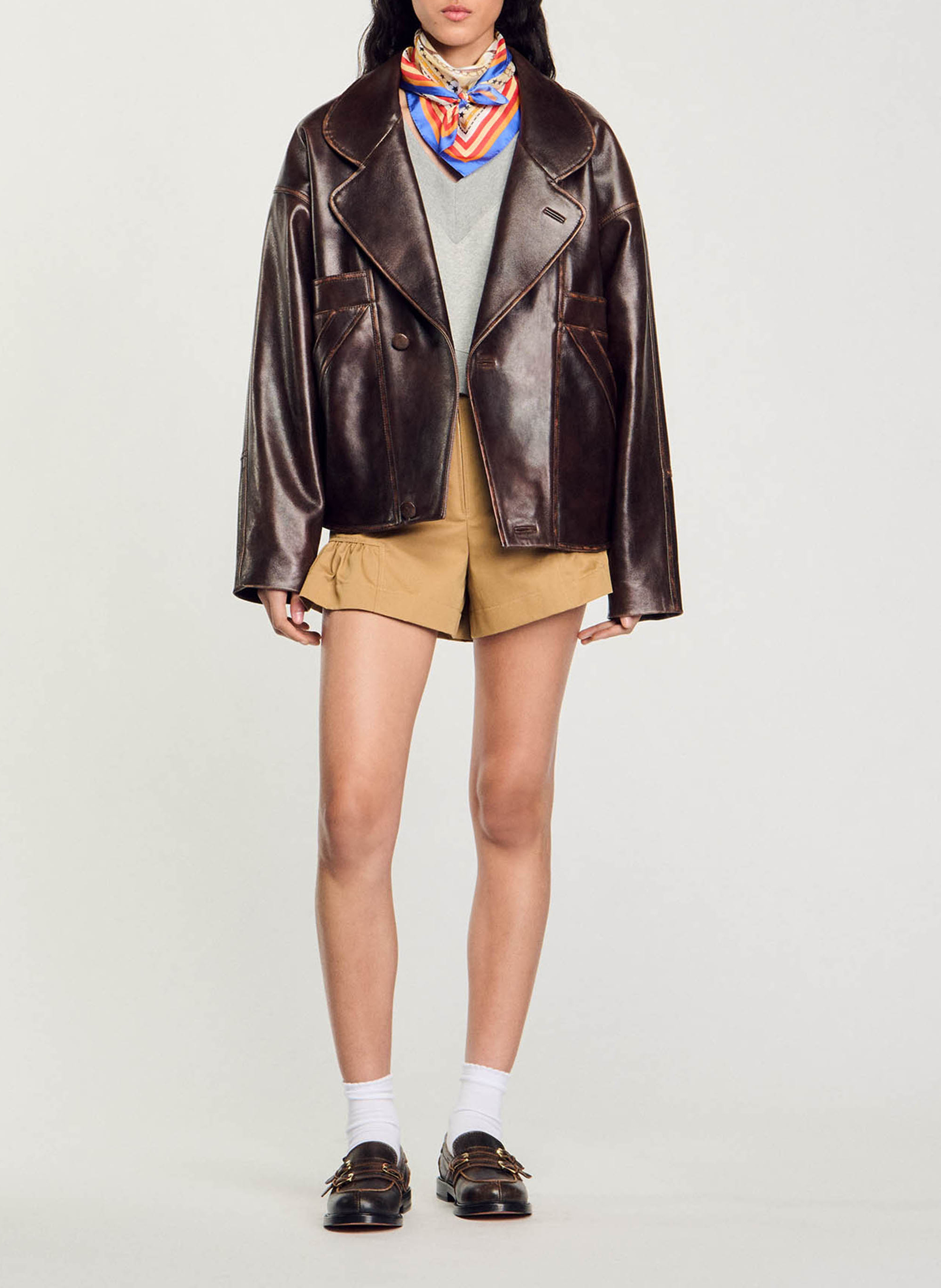 Veste col tailleur en cuir SANDRO Marron