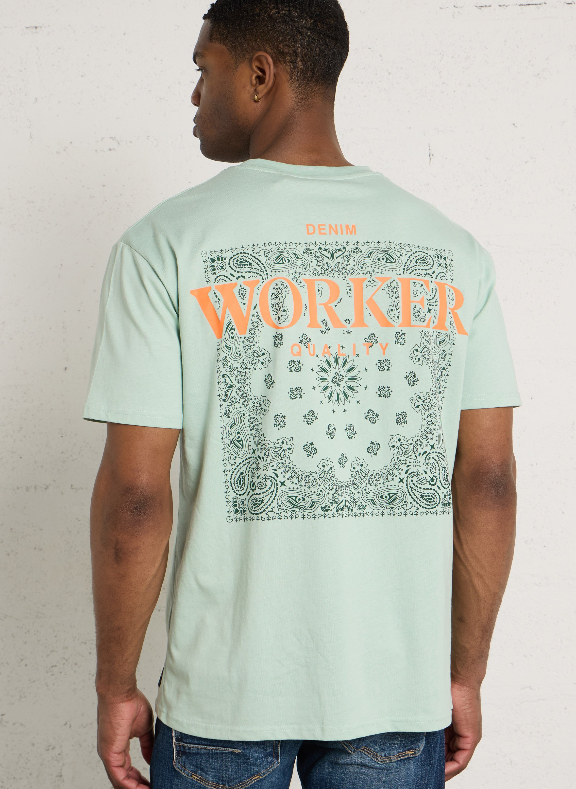 Tee-shirt droit col rond sérigraphié en coton LE TEMPS DES CERISES Bleu