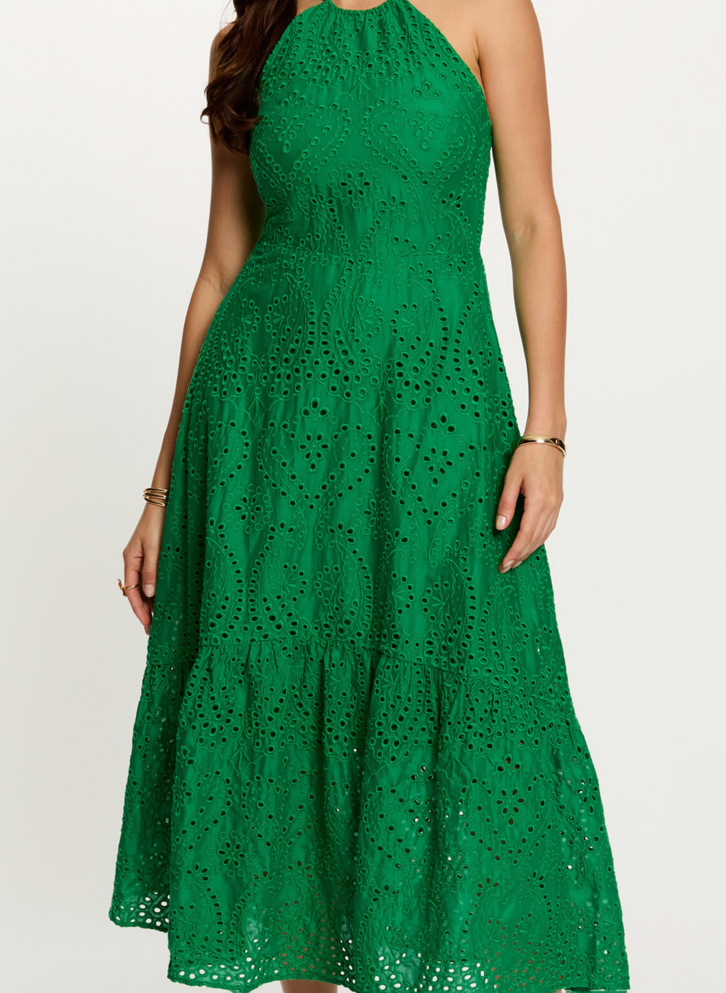 Long dress with English embroidery MORGAN Green
