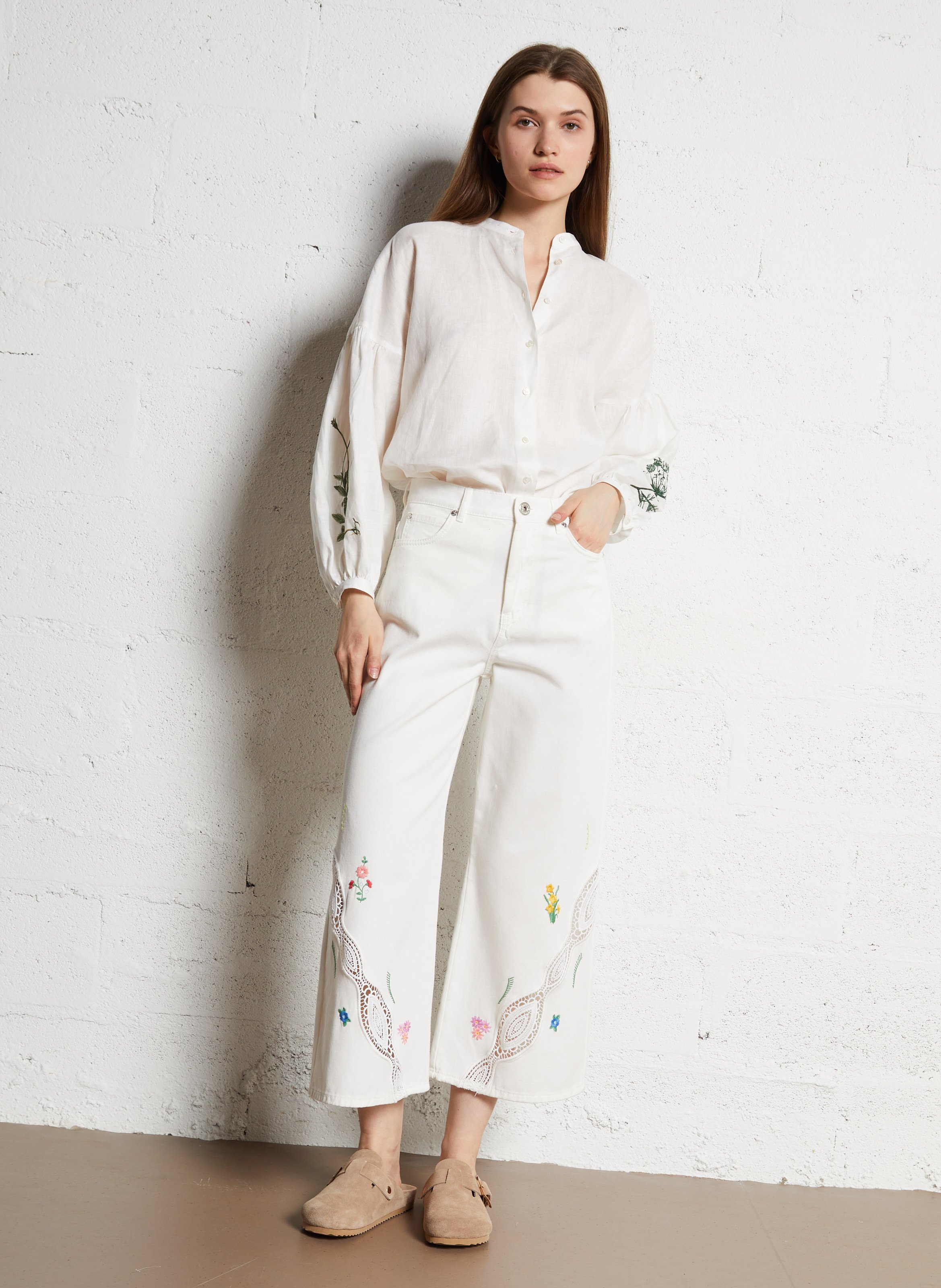 Wijde hoge taille geborduurde jeans MAX MARA WEEK END Wit