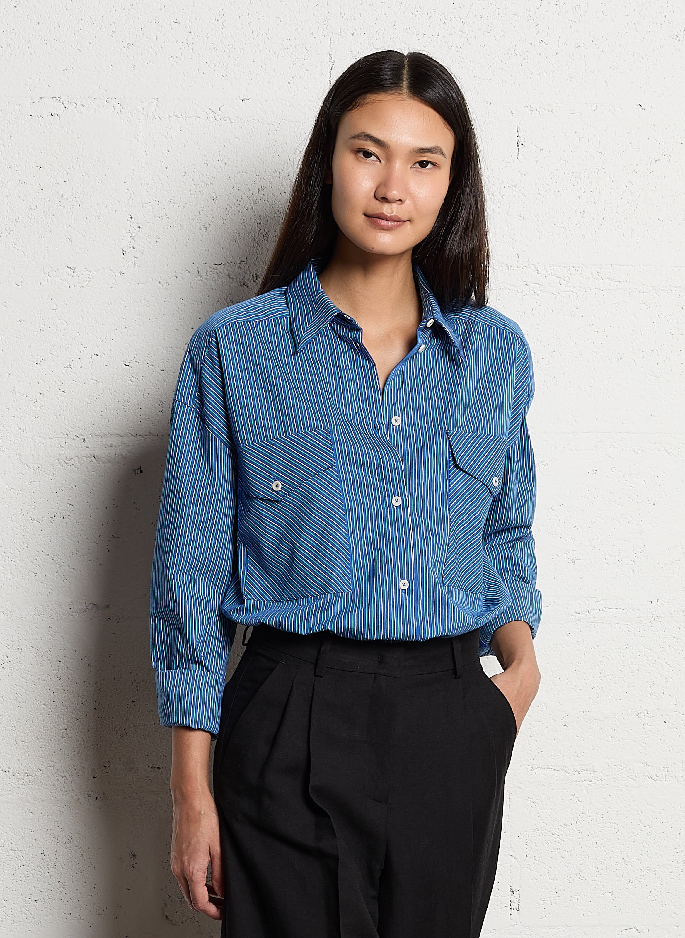 Oversized gestreepte katoenen blouse BELLEPIECE Blauw