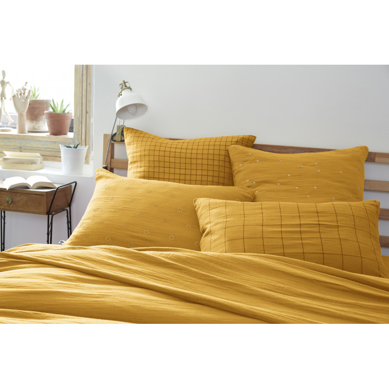 Cotton percale pillow case L'EFFET PAPILLON Yellow