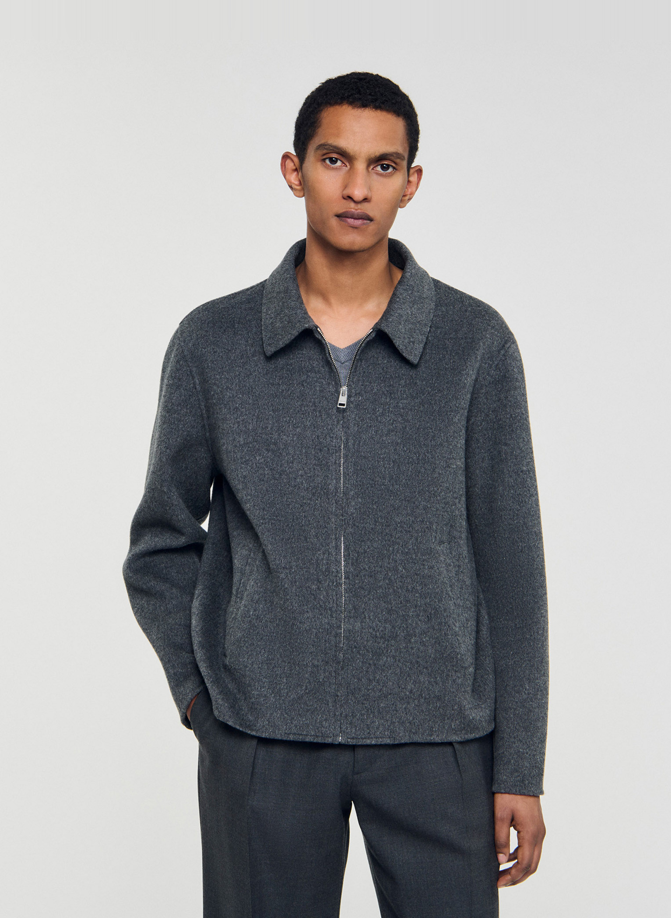 Veste droite col classique en laine mélangée SANDRO Gris