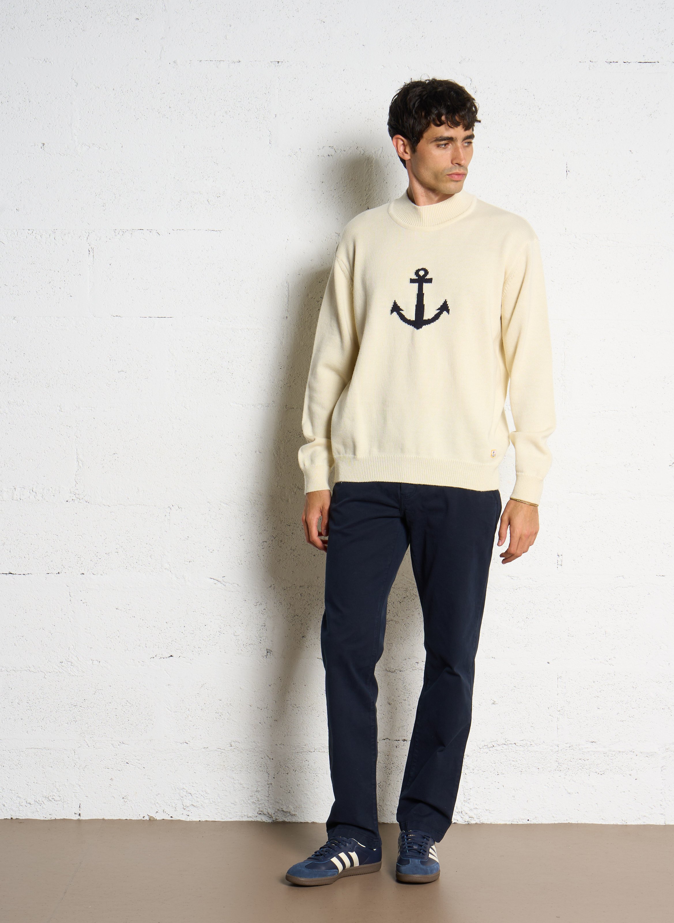 Pull droit col montant motif encre de mer en laine ARMOR LUX Beige