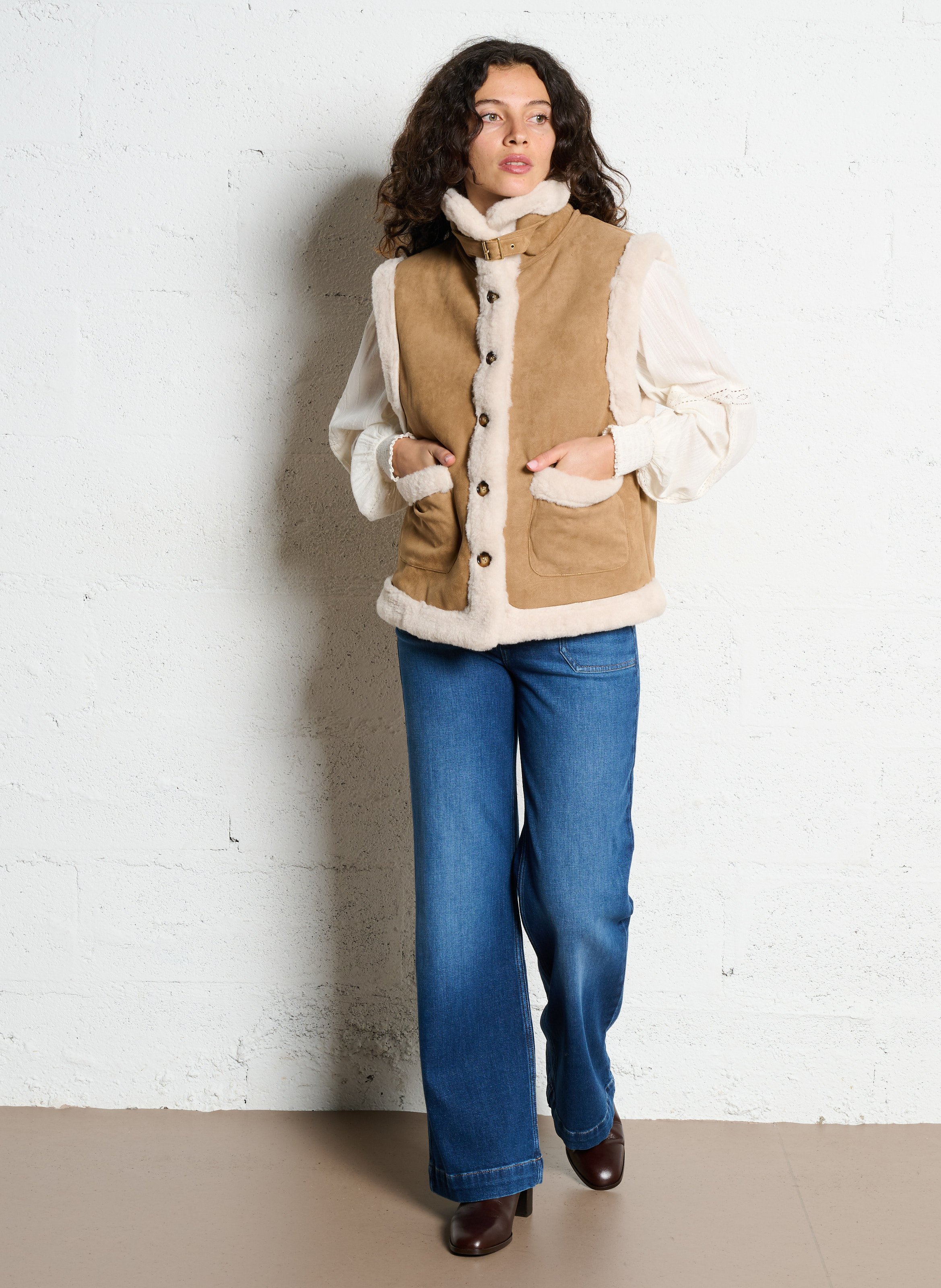 Veste droite col montant bi-matière LA PETITE ETOILE Marron