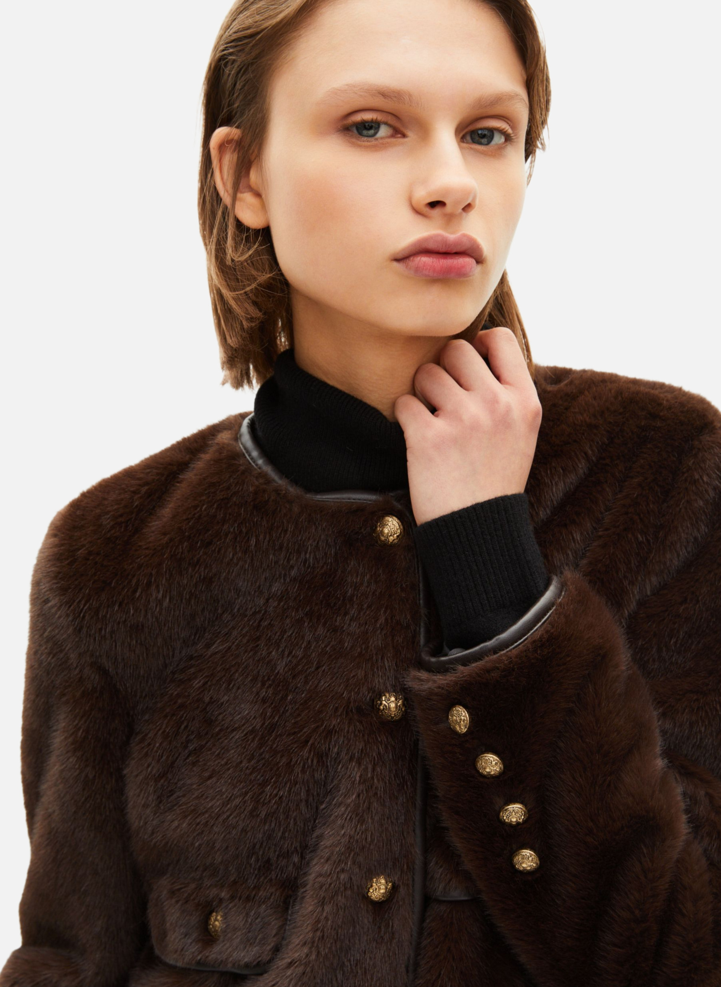 Faux fur jacket with leather details THE KOOPLES Brown