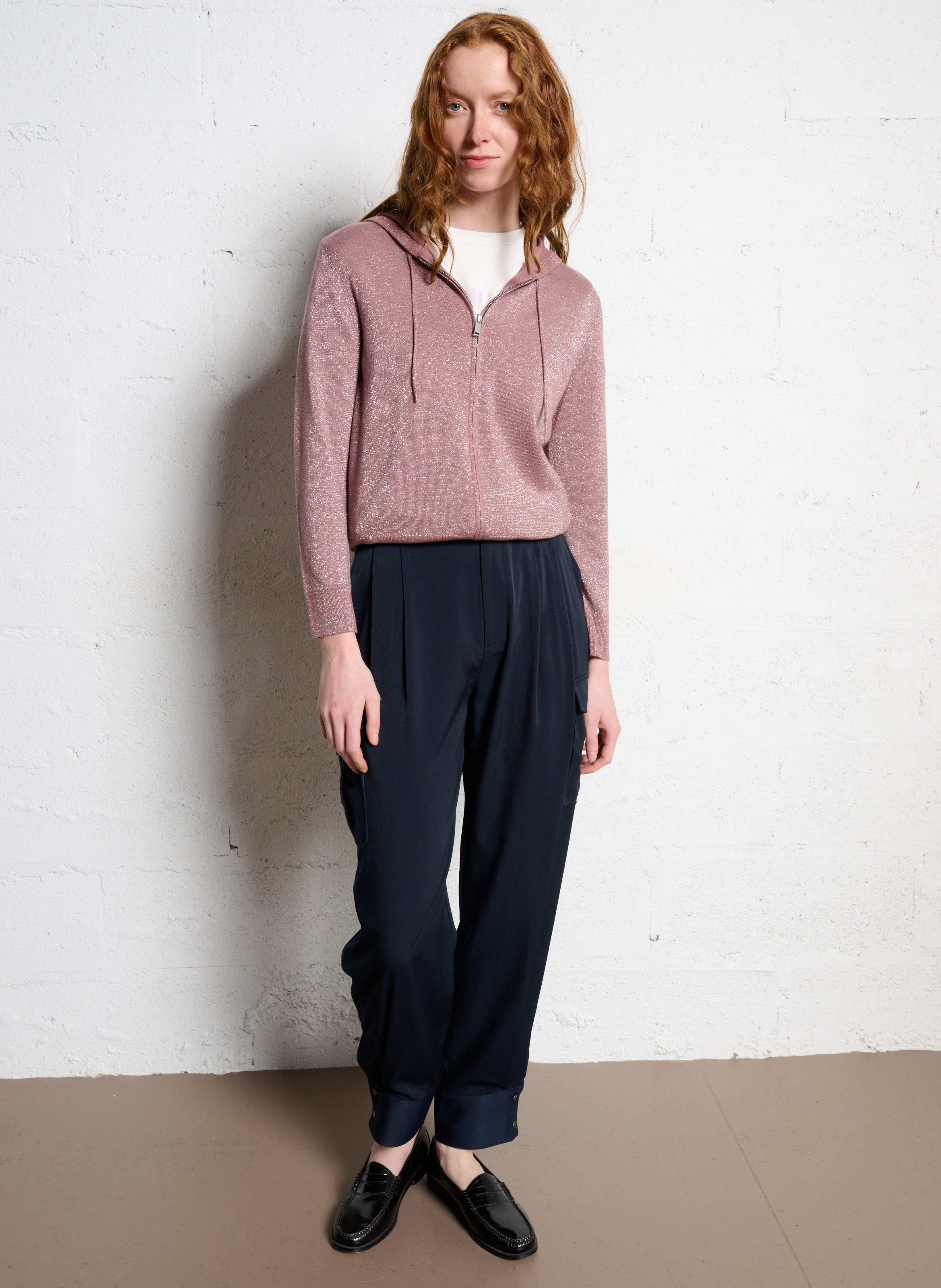 Gilet droit à capuche en maille pailletée IKKS Marron